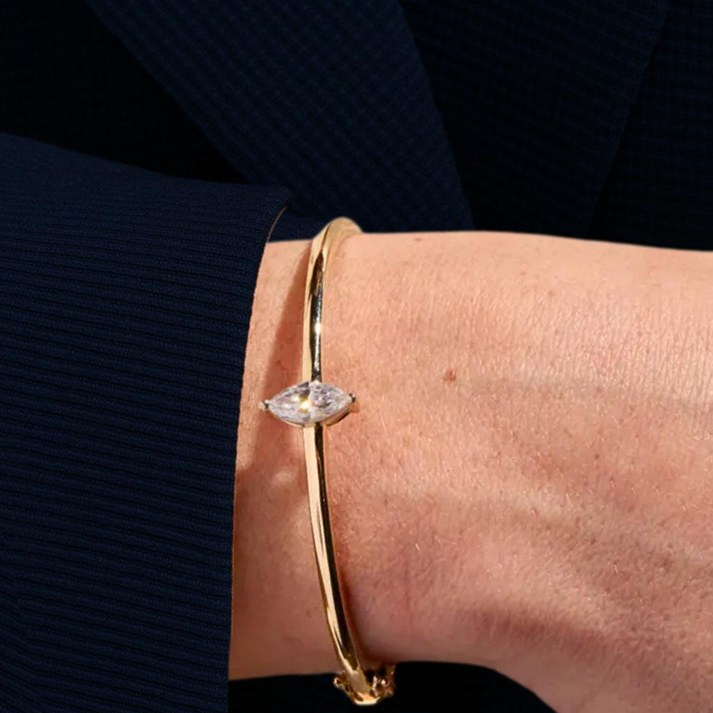 0.70 Carat Marquise Lab Grown Diamond Center Stone 14K Gold Bangle / Minimalist Diamond Bracelet