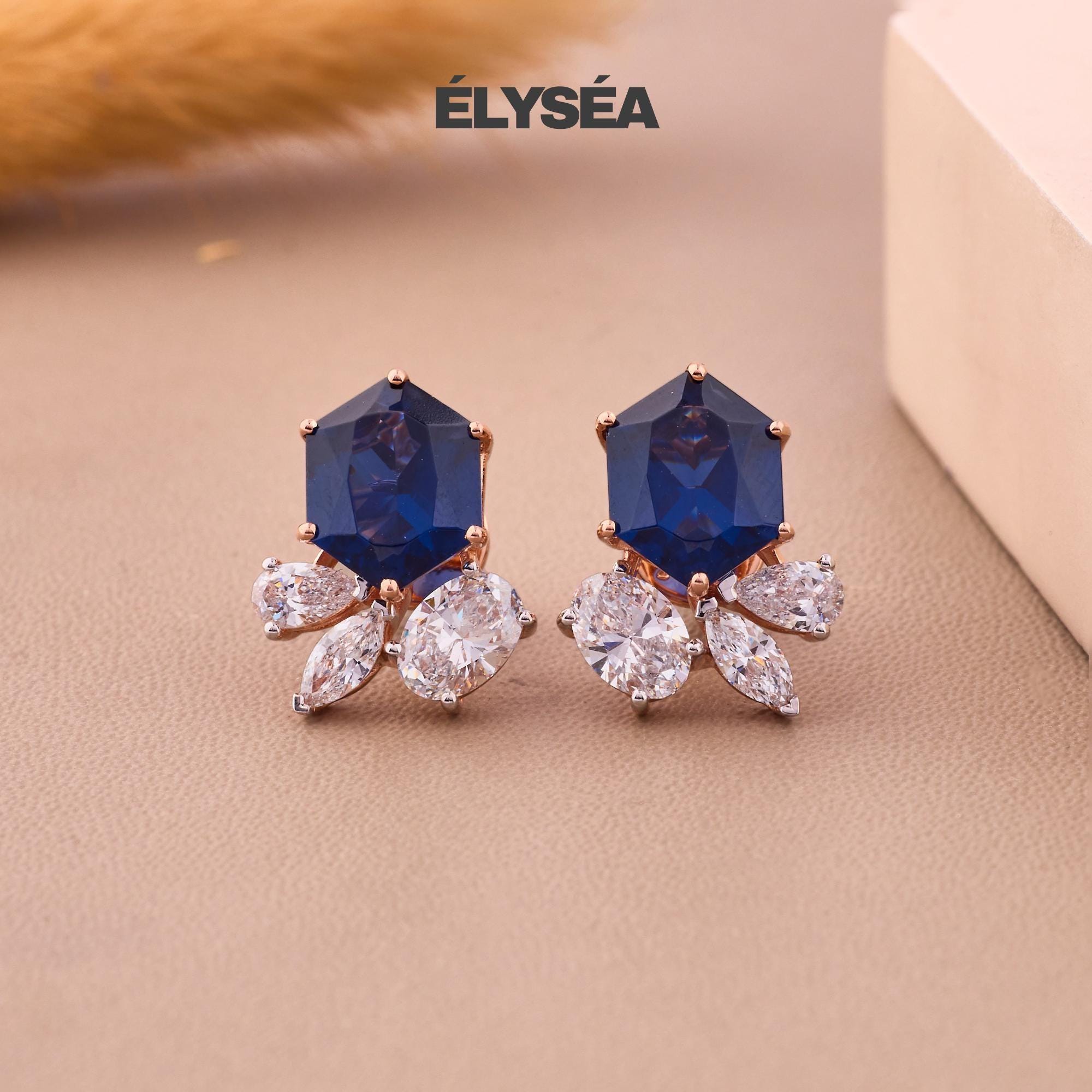 14K Gold Blue Sapphire Earrings, Sapphire Diamond Earrings, Lab Grown Diamond Sapphire Hexagon Stud Earrings, September Birthstone Earrings