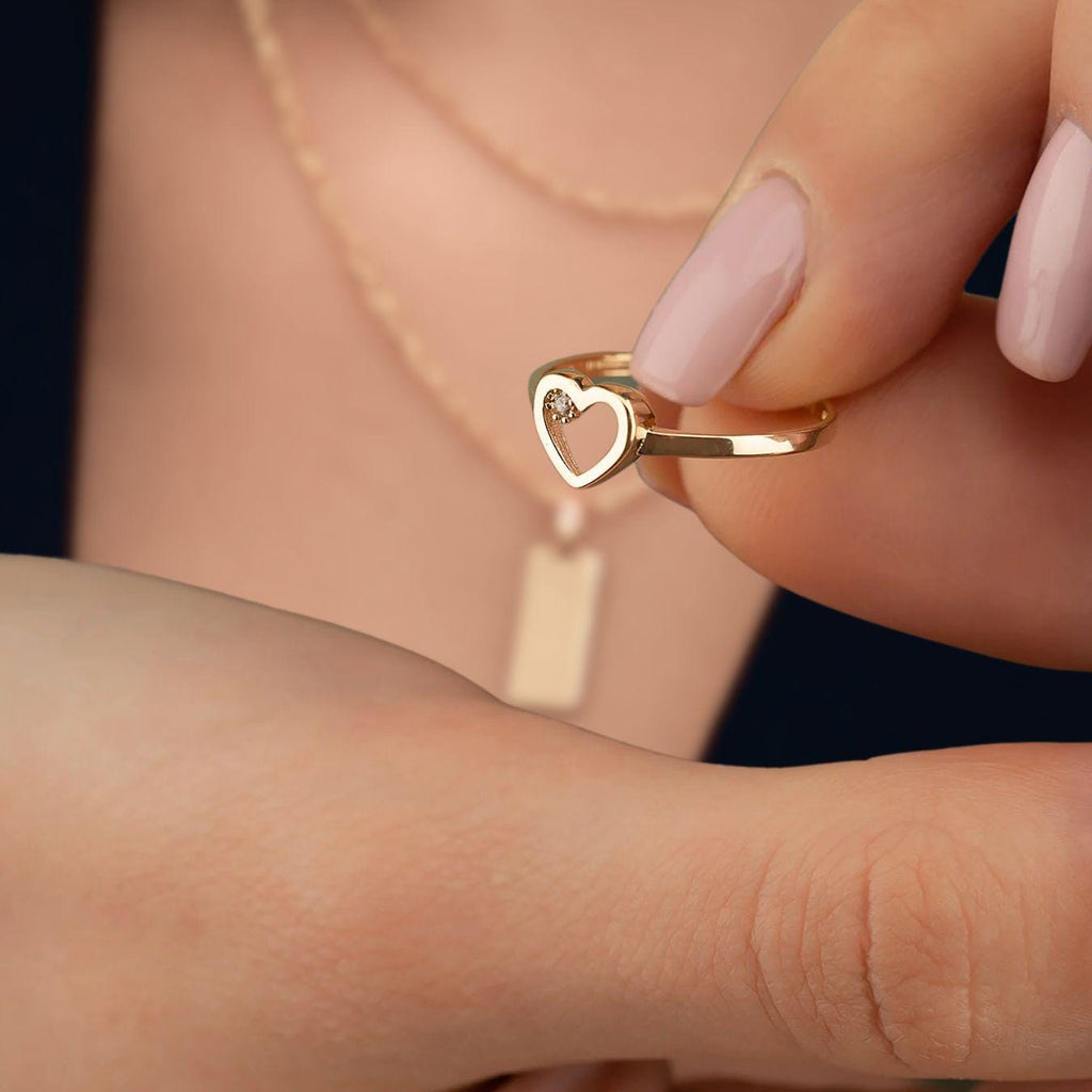 Lab Diamond Open Heart Ring,14K Solid Gold Promise Ring, Minimalist Ring