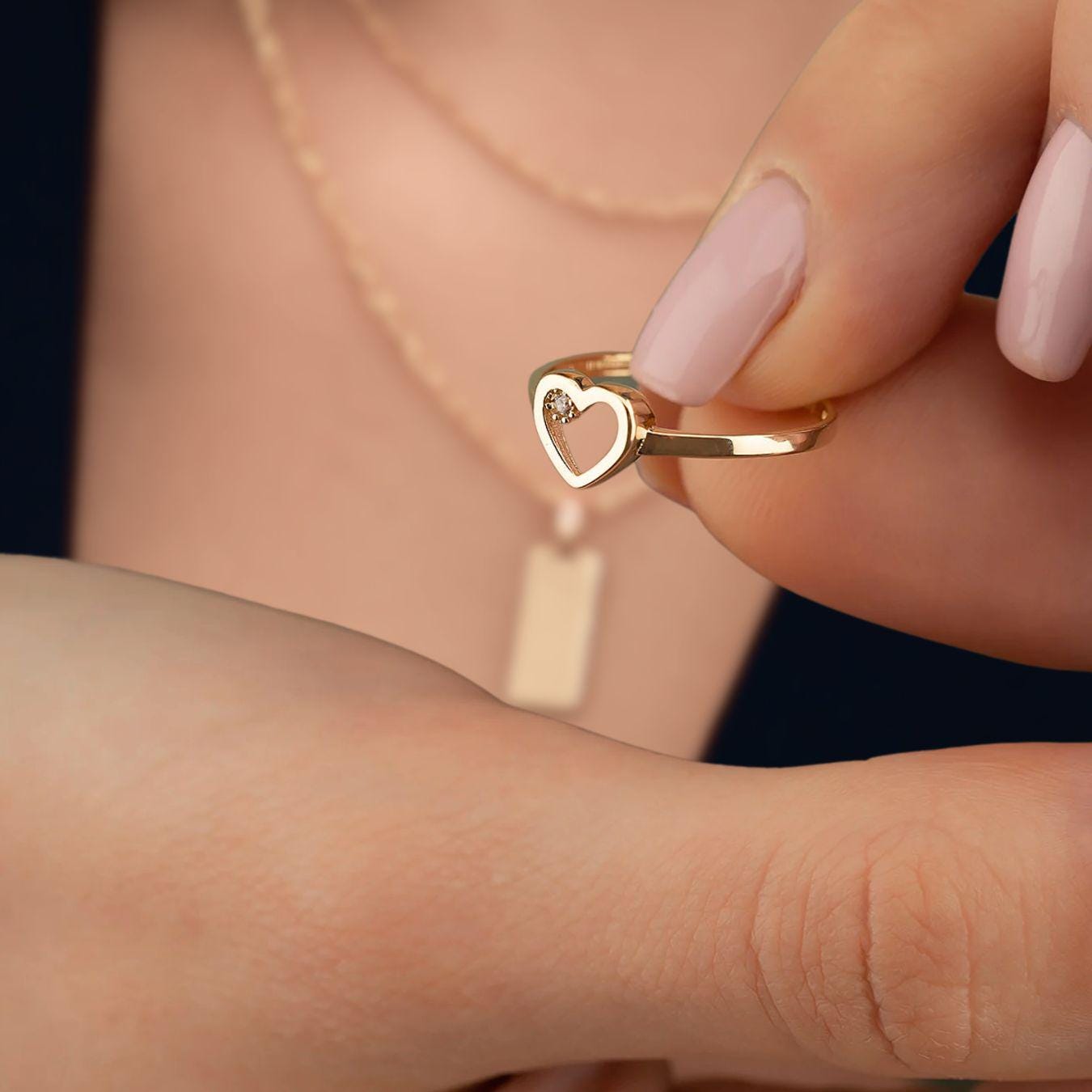 Lab Diamond Open Heart Ring,14K Solid Gold Promise Ring, Minimalist Ring