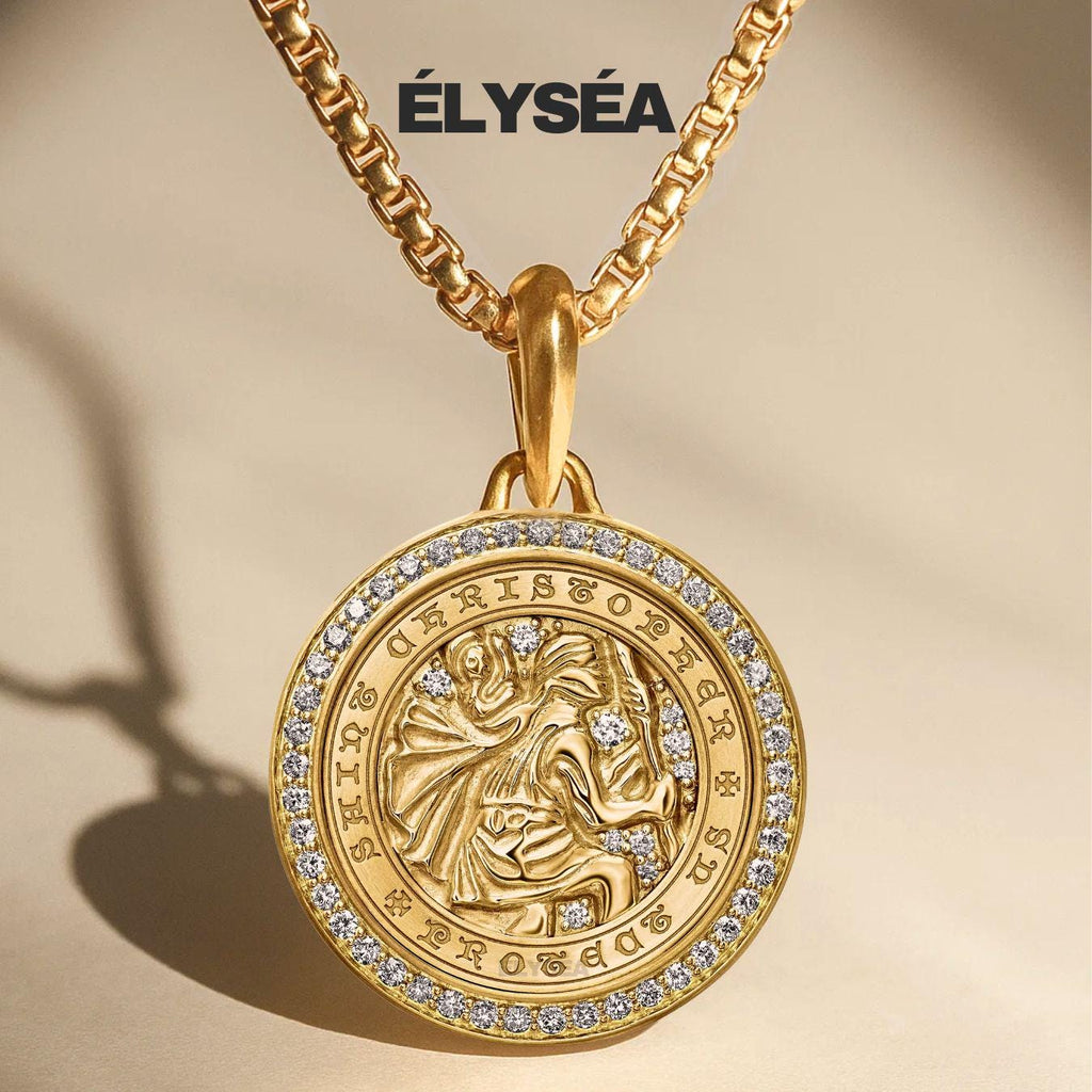 14K Gold Saint Christopher Lab Grown Diamond Pendant, Men's Religious Medal, Spiritual Protection Pendant, Travel Pendant