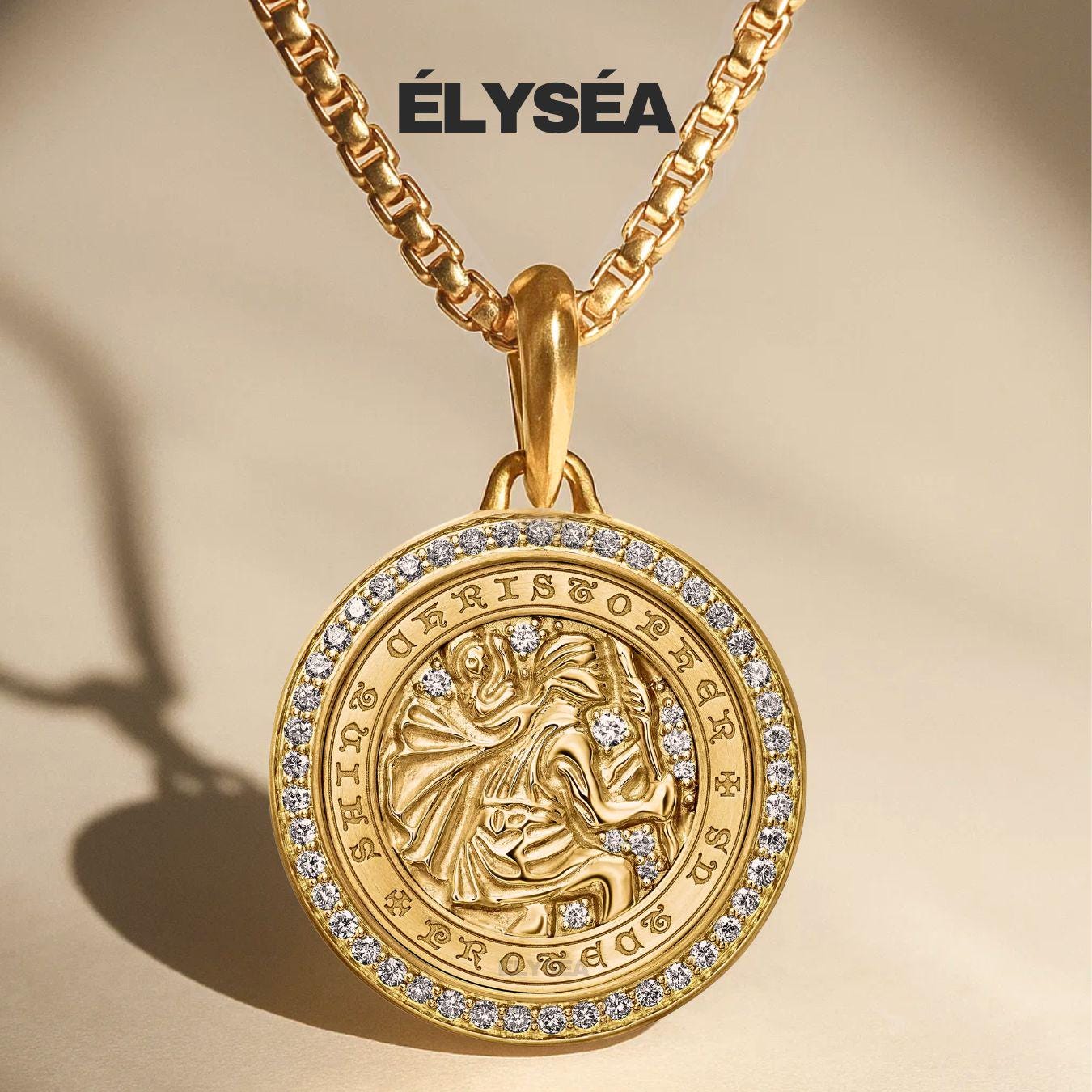 14K Gold Saint Christopher Lab Grown Diamond Pendant, Men's Religious Medal, Spiritual Protection Pendant, Travel Pendant