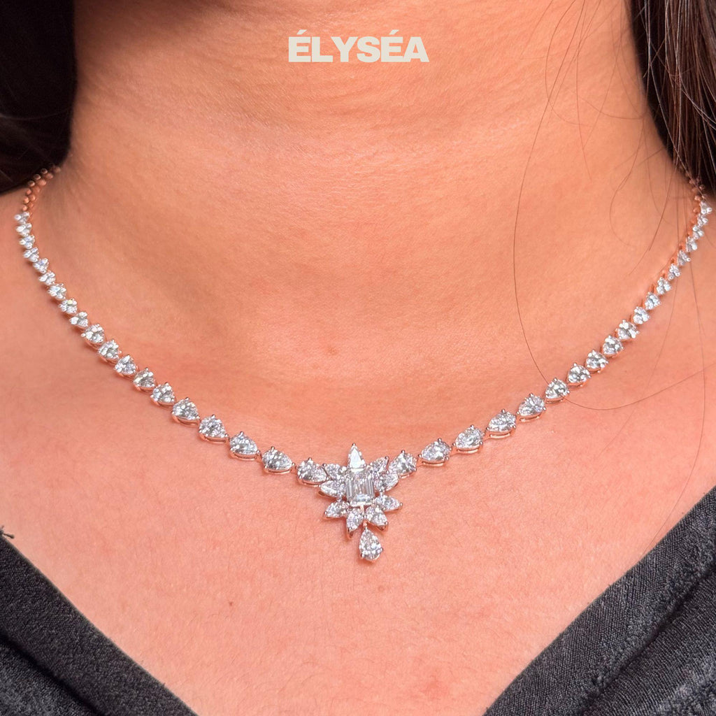 Solid 14K Rose Gold Tennis Choker Necklace, 9.09 Ct F/VS1 Certified Emerald & Pear Cut Lab Grown Diamond, Wedding Jewelry, Gold Necklace