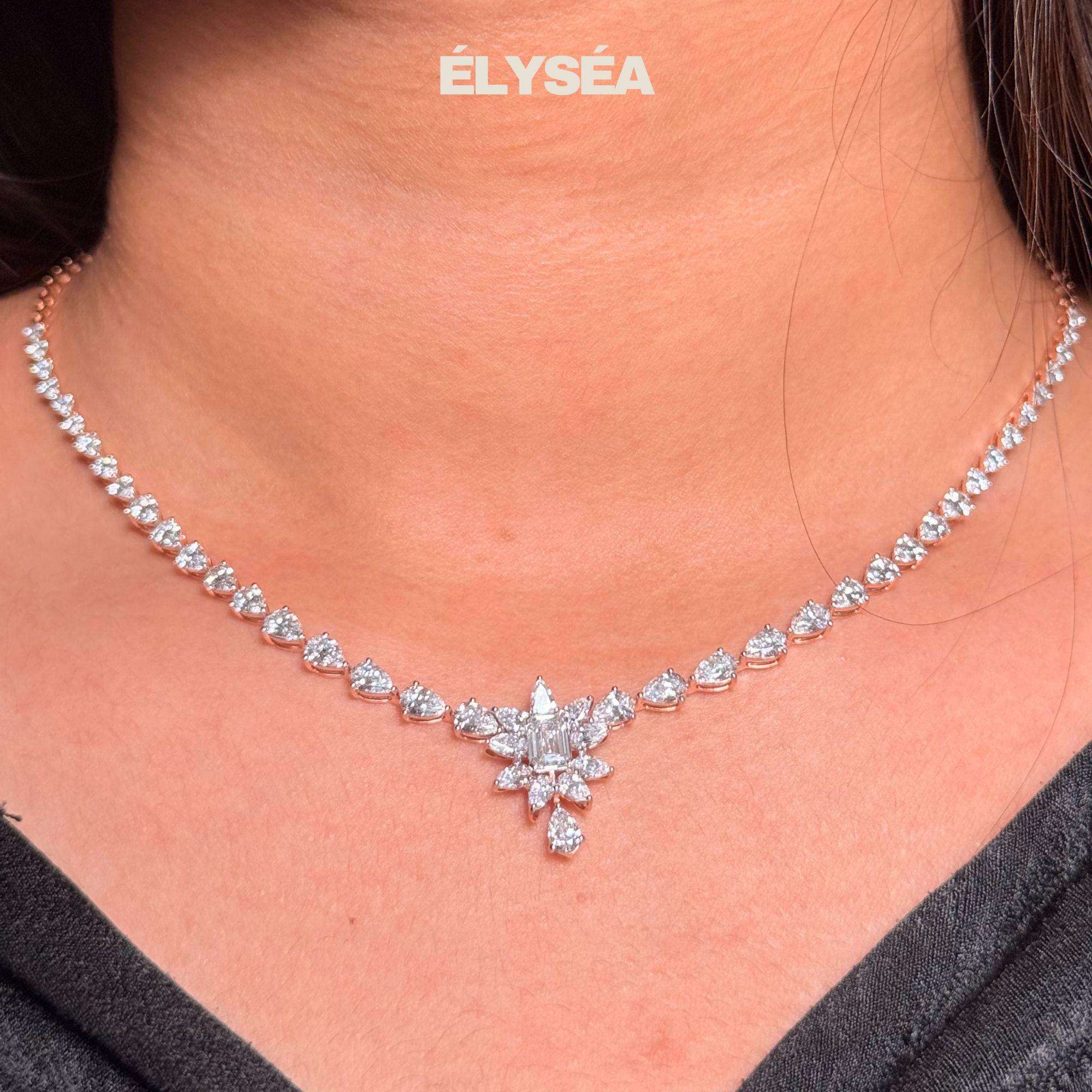 Solid 14K Rose Gold Tennis Choker Necklace, 9.09 Ct F/VS1 Certified Emerald & Pear Cut Lab Grown Diamond, Wedding Jewelry, Gold Necklace