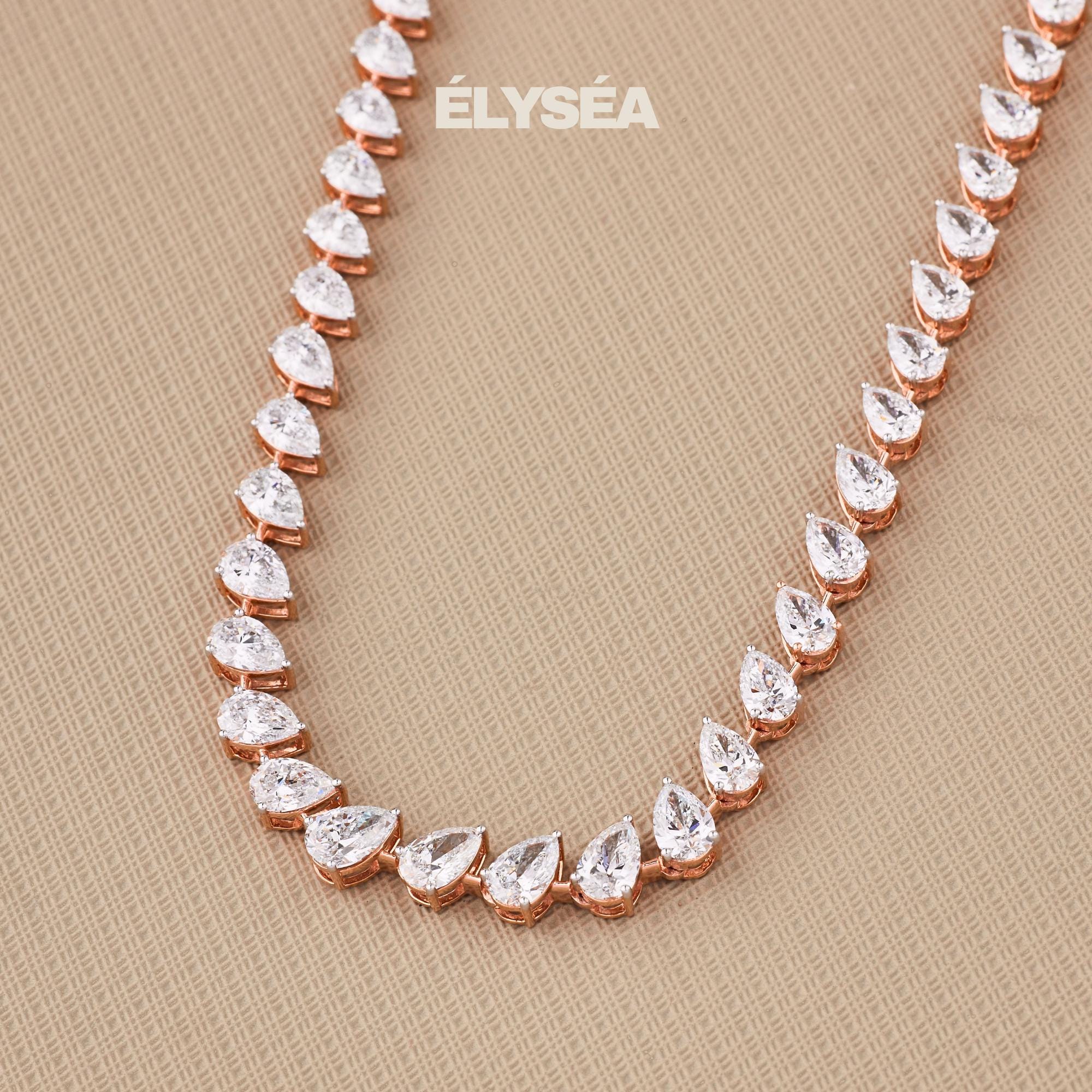 9.41 Ct Diamond Tennis Necklace, 14k Solid Gold Earrings & Tennis Necklace Set, Pear Cut Lab Grown Diamond, Handmade Jewelry, Gift for Women