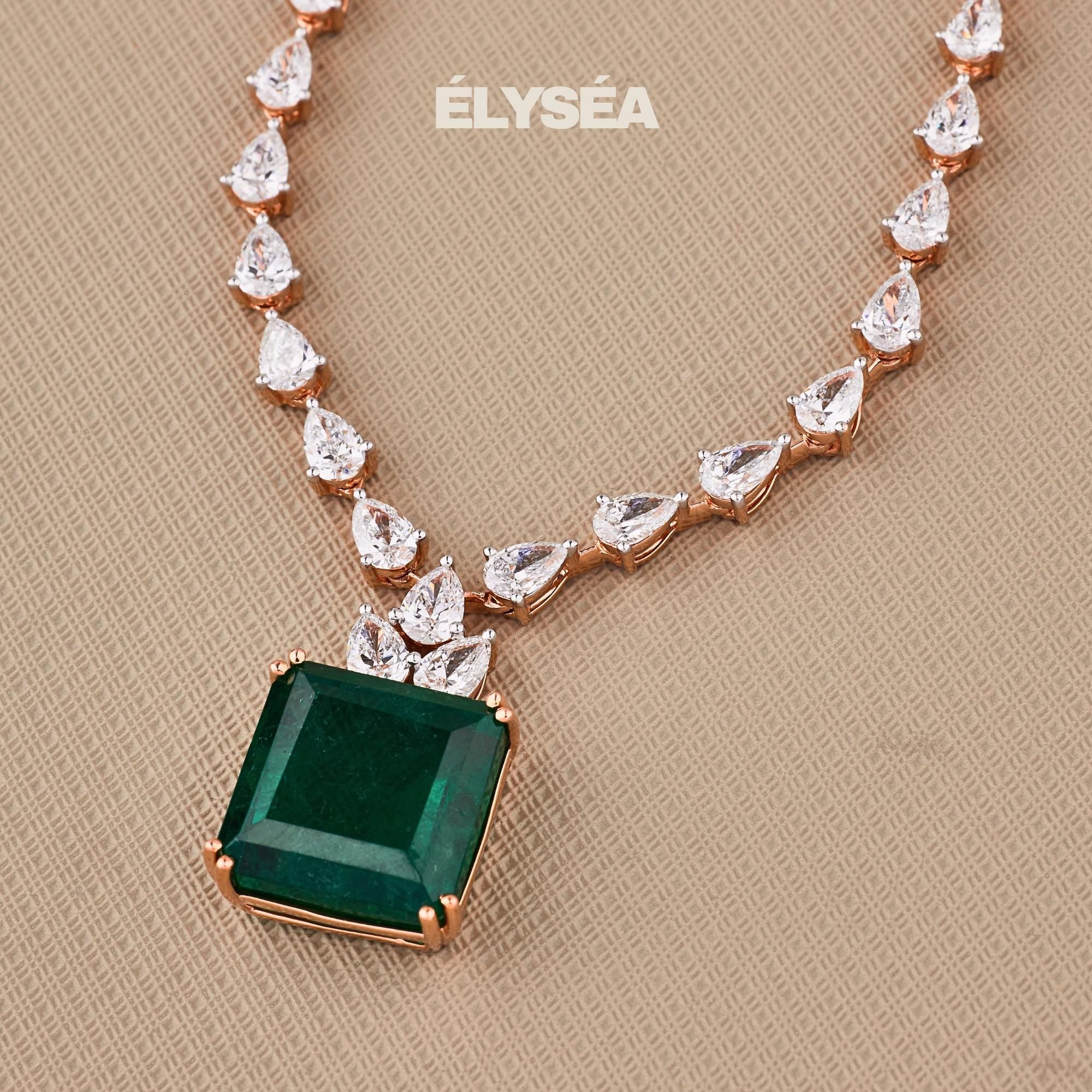 Emerald Necklace, Solid Gold Tennis Necklace, Diamond Pear Necklace, Wedding Jewelry for Bridal Necklace, Silver Necklace, Layering Necklace