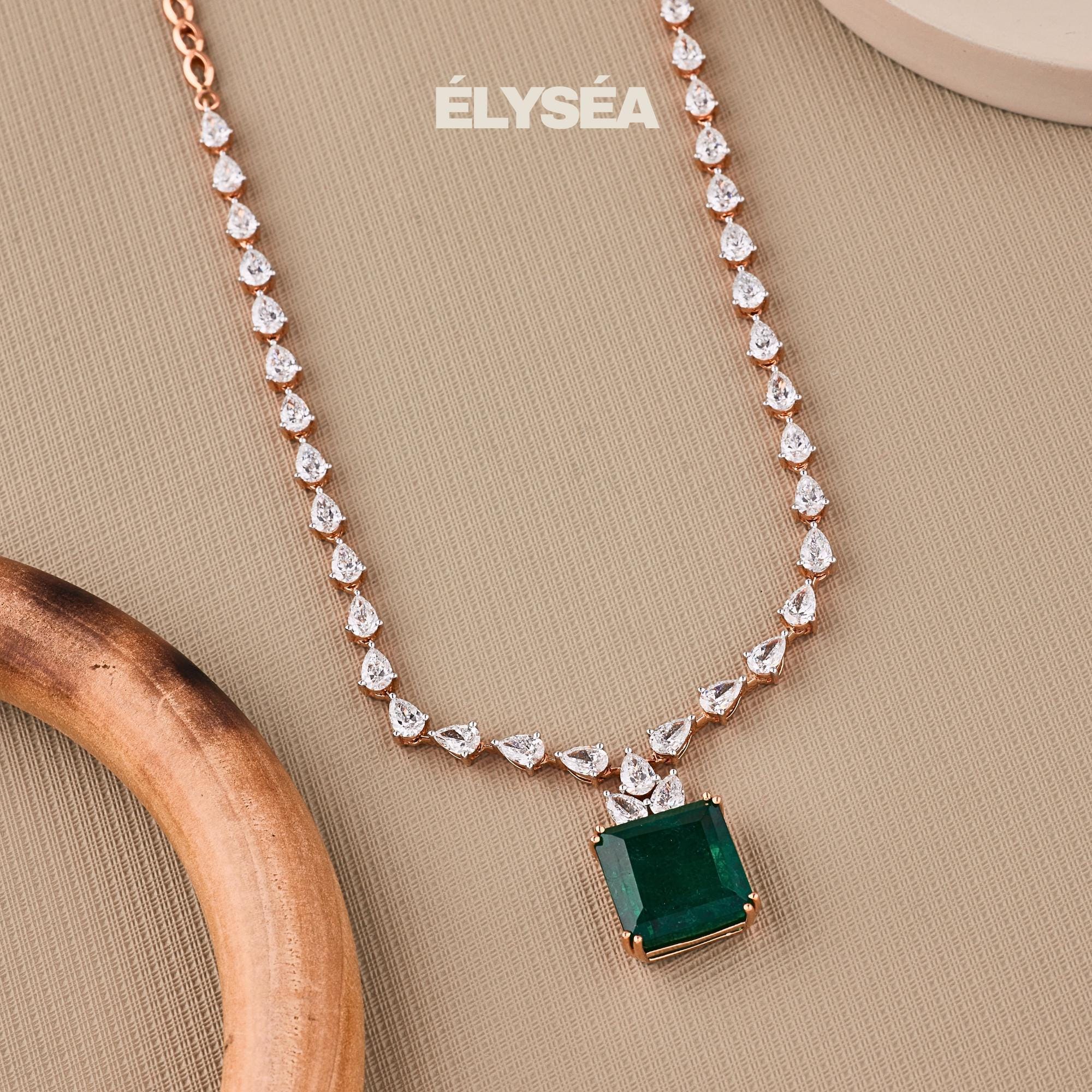 Emerald Necklace, Solid Gold Tennis Necklace, Diamond Pear Necklace, Wedding Jewelry for Bridal Necklace, Silver Necklace, Layering Necklace