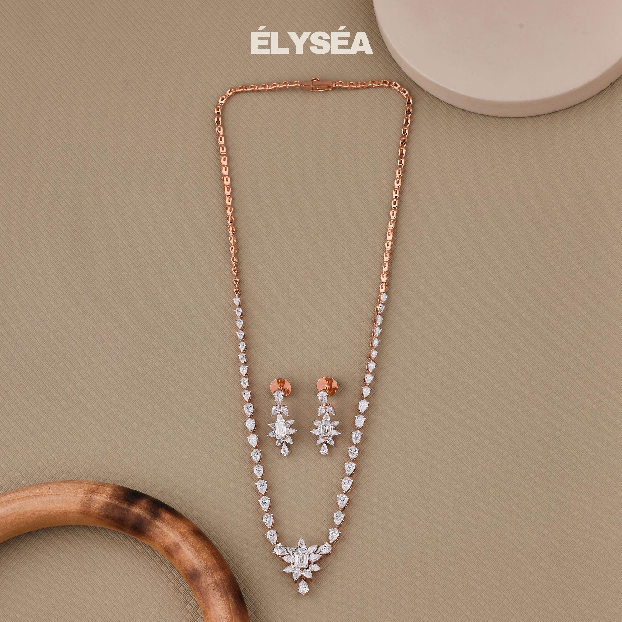 Solid 14K Rose Gold Tennis Choker Necklace, 9.09 Ct F/VS1 Certified Emerald & Pear Cut Lab Grown Diamond, Wedding Jewelry, Gold Necklace