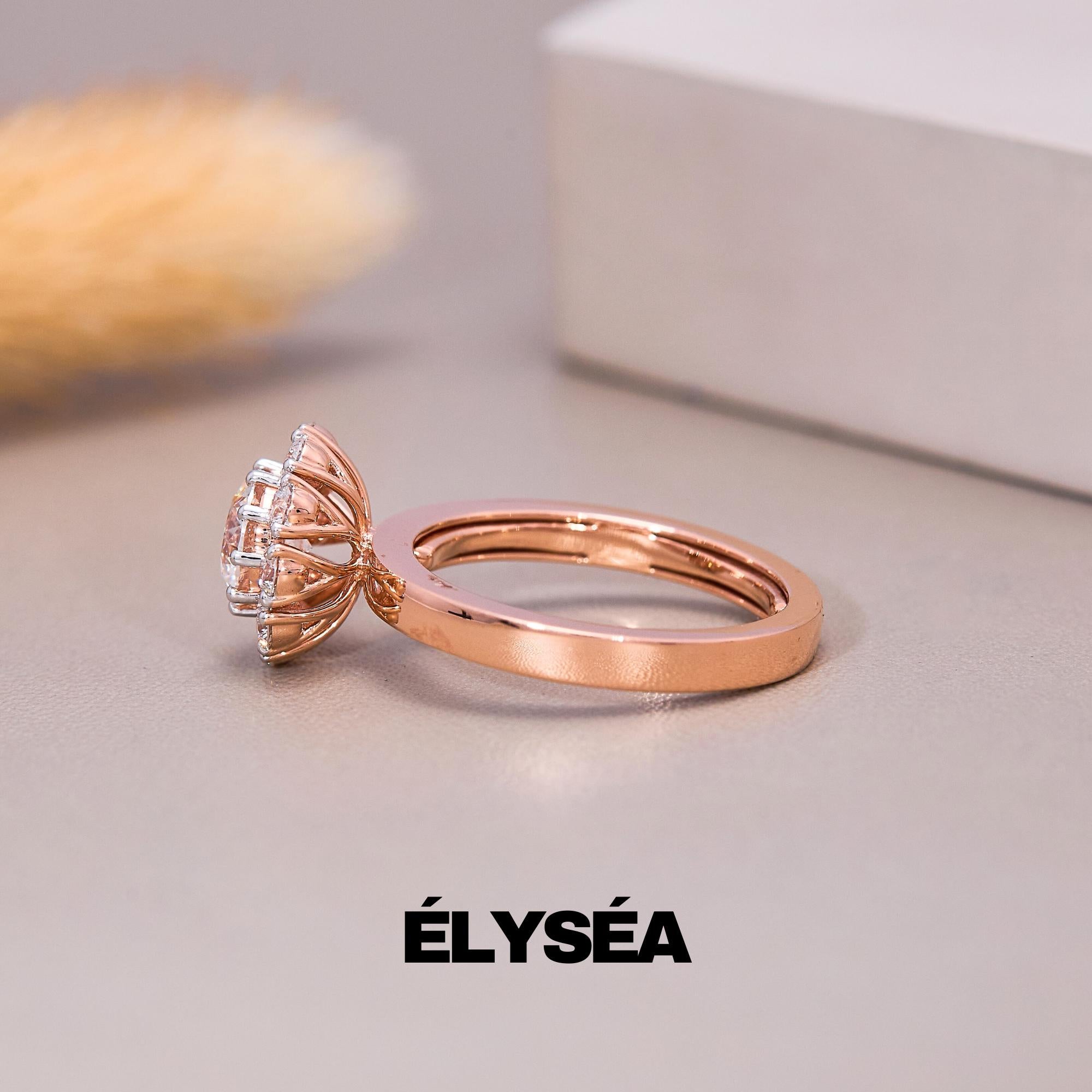 Round Lab Grown Diamond 14K Rose Gold Engagement Ring/ Unique Diamond Floral Promise Ring/ Wedding Ring for Her/ Diamond Ring for Women