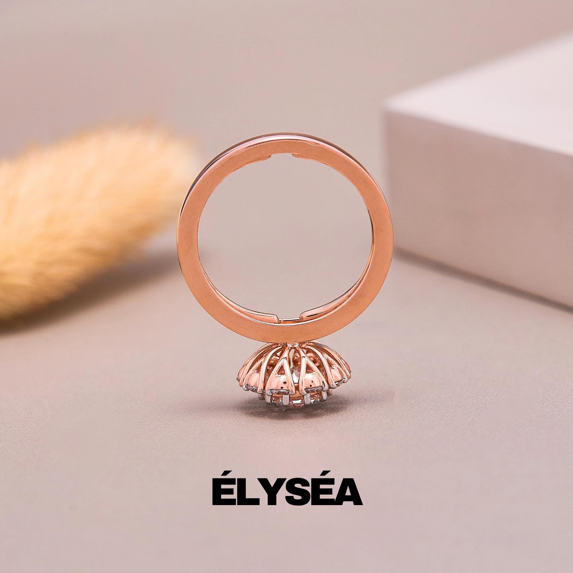 Round Lab Grown Diamond 14K Rose Gold Engagement Ring/ Unique Diamond Floral Promise Ring/ Wedding Ring for Her/ Diamond Ring for Women