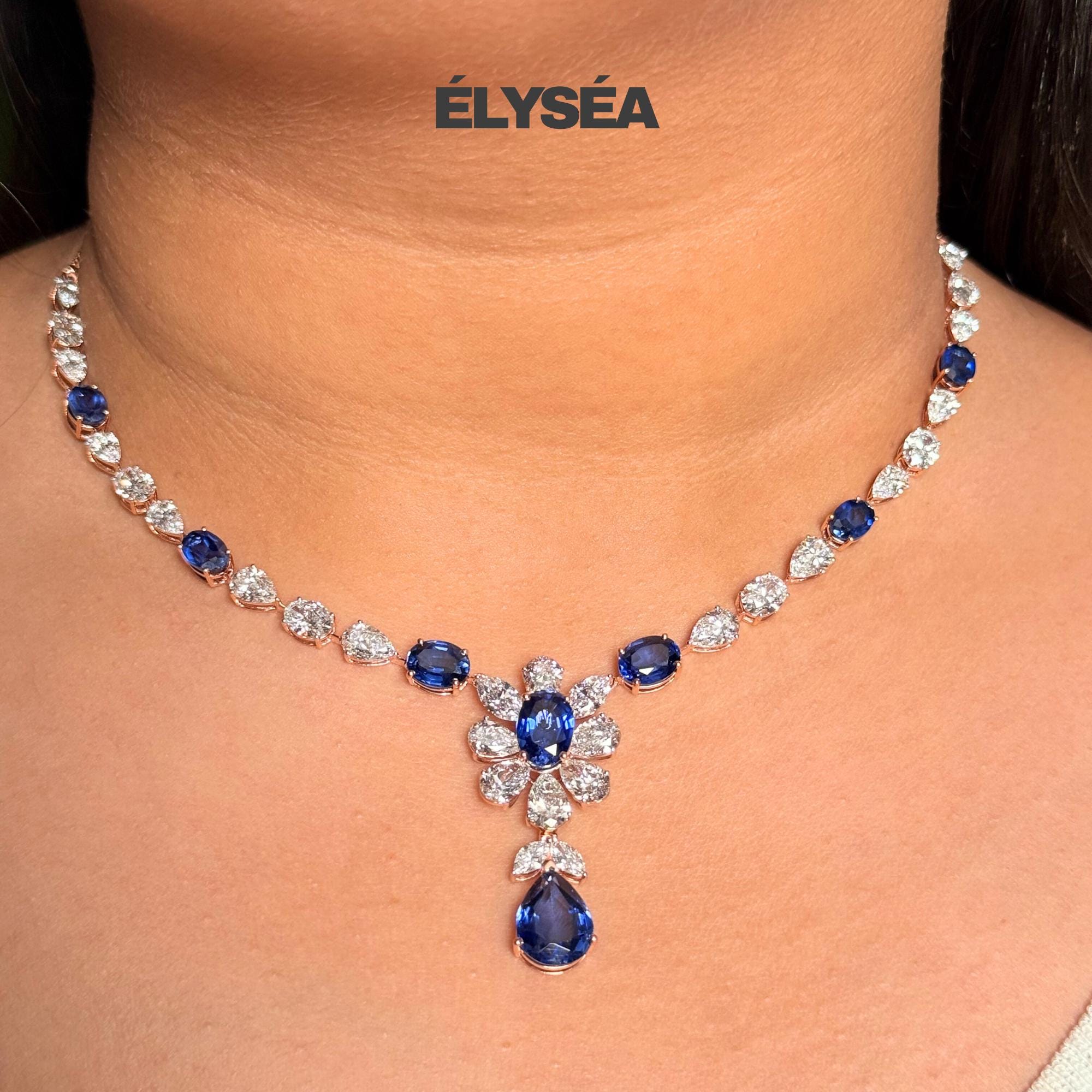 Sapphire Floral Tennis Necklace, September Birthstone, Pear Oval And Marquise Mixed Shape Lab Grown Diamond Necklace, 14K Gold Gift for Her