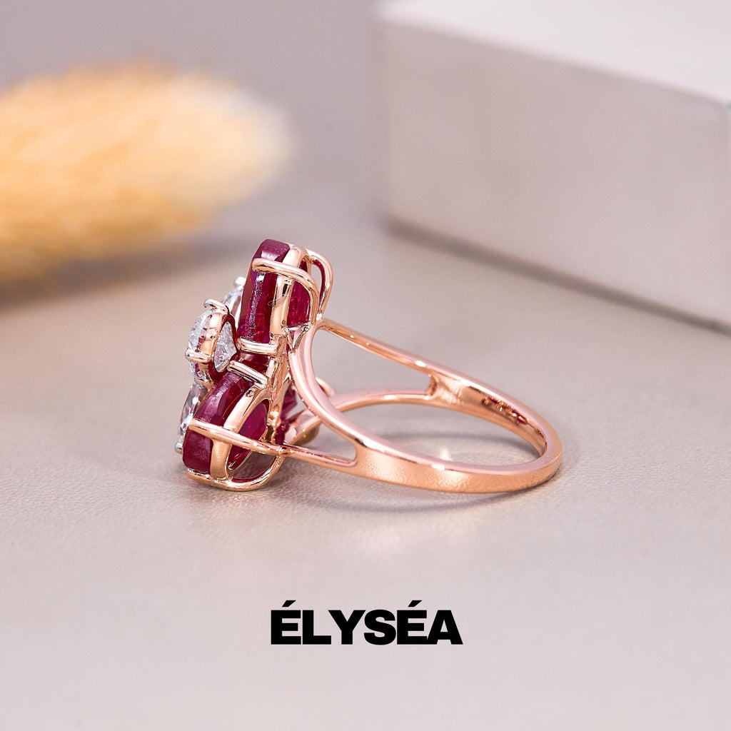 Ruby Ring, Oval Cut Ruby Ring with Oval Diamonds, 14k Solid Gold Ruby Birthstone Ring, Petal Floral Ruby Ring, Minimalist Birthday Gift