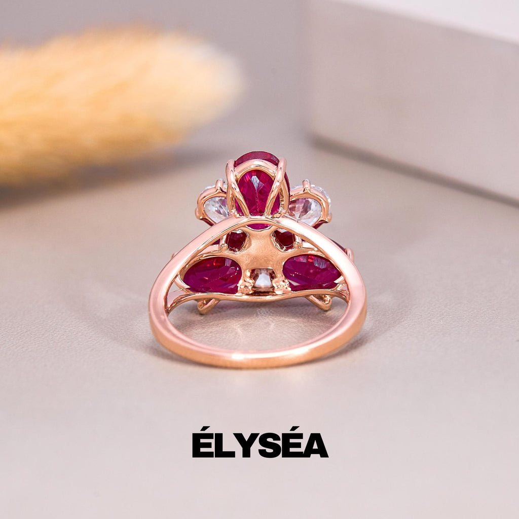 Ruby Ring, Oval Cut Ruby Ring with Oval Diamonds, 14k Solid Gold Ruby Birthstone Ring, Petal Floral Ruby Ring, Minimalist Birthday Gift