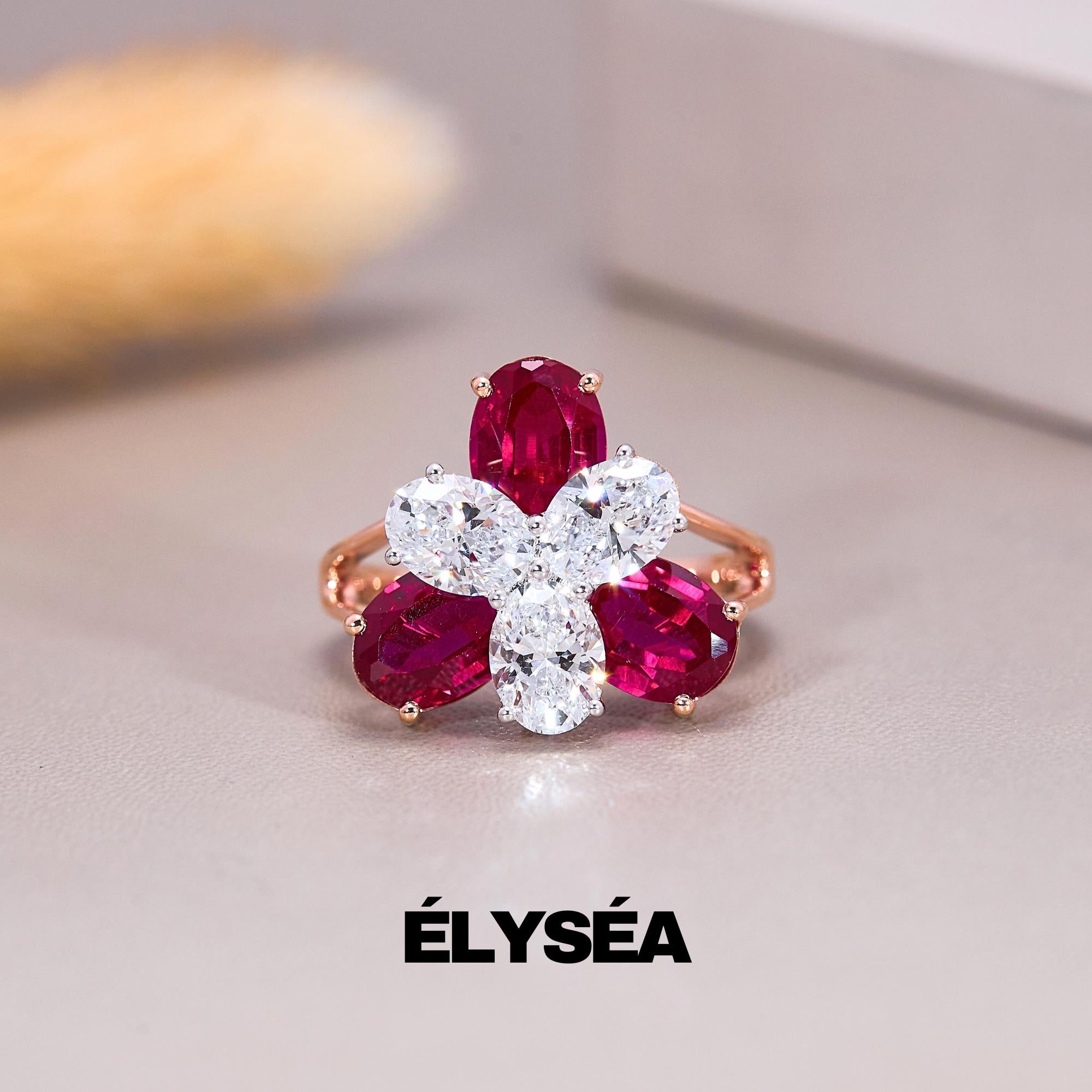 Ruby Ring, Oval Cut Ruby Ring with Oval Diamonds, 14k Solid Gold Ruby Birthstone Ring, Petal Floral Ruby Ring, Minimalist Birthday Gift