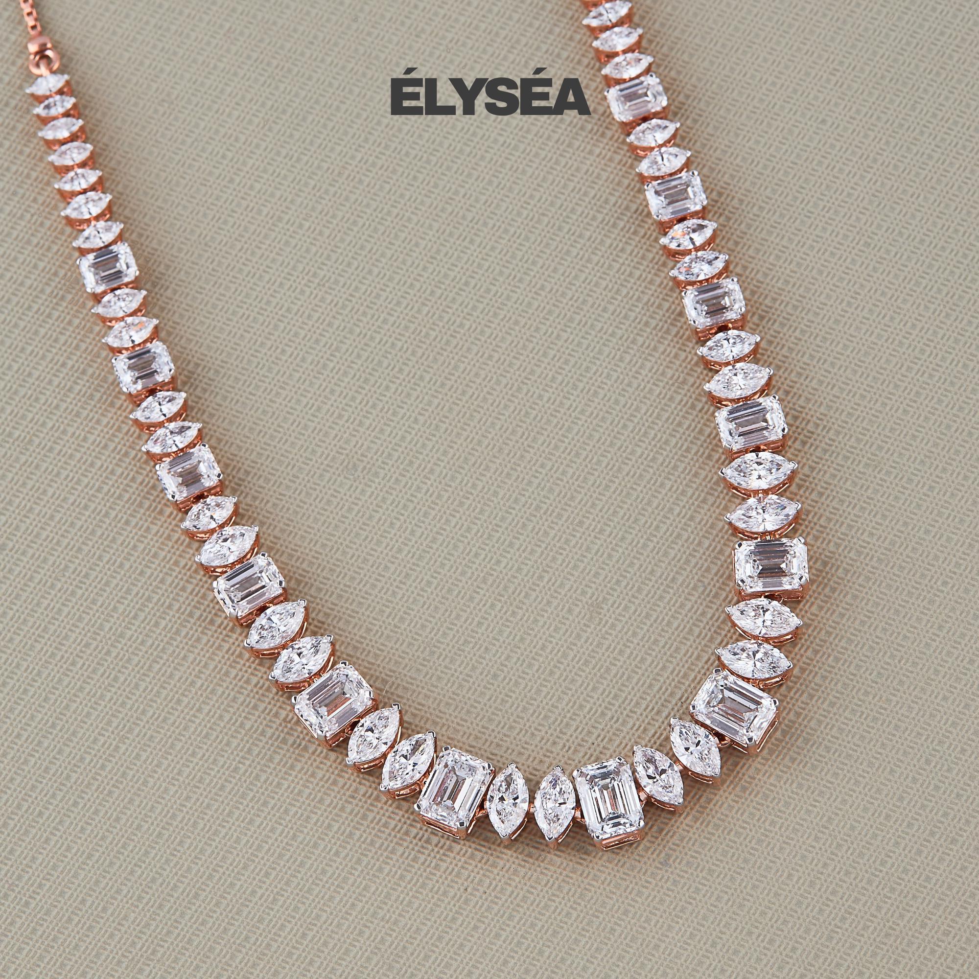 14k Rose Gold Tennis Necklace, 15.89 Carat Multi Shape Diamond Necklace Set, Marquise Pear Emerald Cut Lab Grown Diamond, F/VS1 clarity