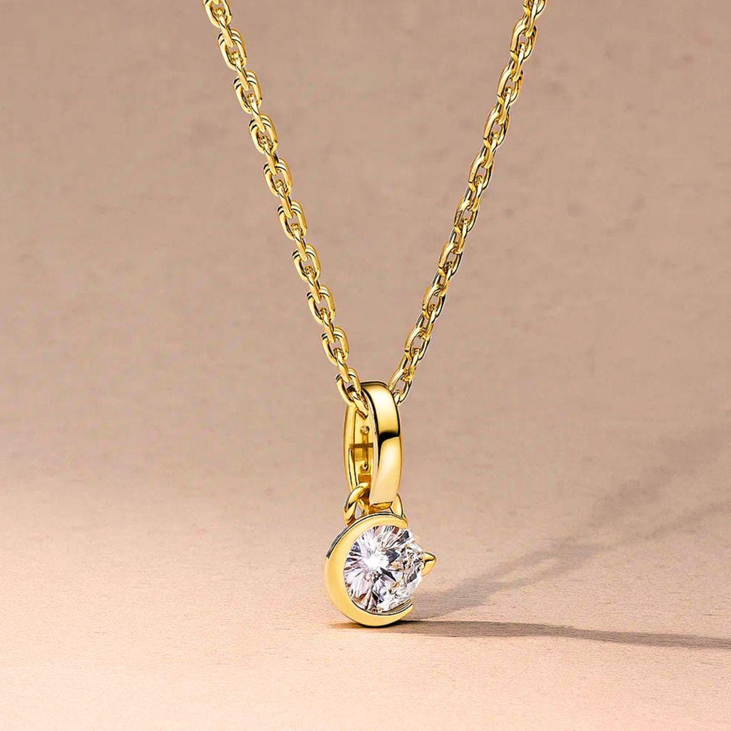 14K Gold Solitaire Pendant Crescent Moon Diamond Charm