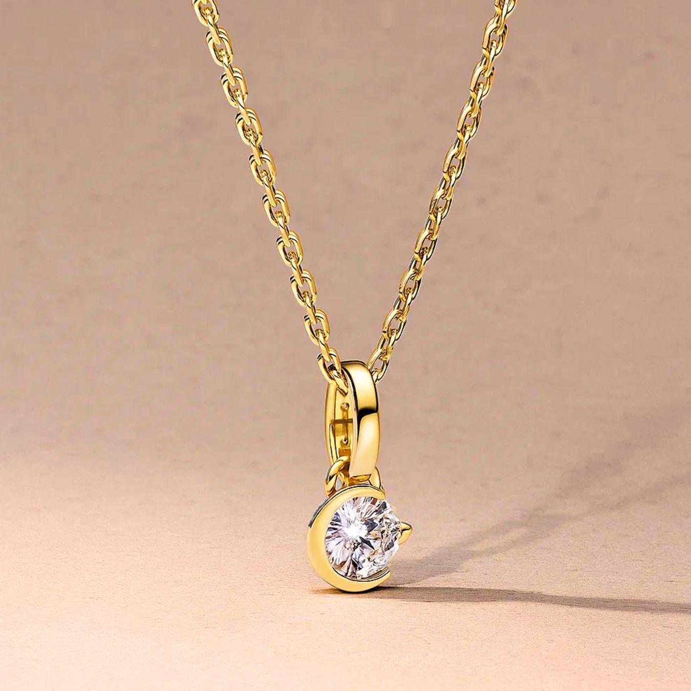 14K Gold Solitaire Pendant Crescent Moon Diamond Charm