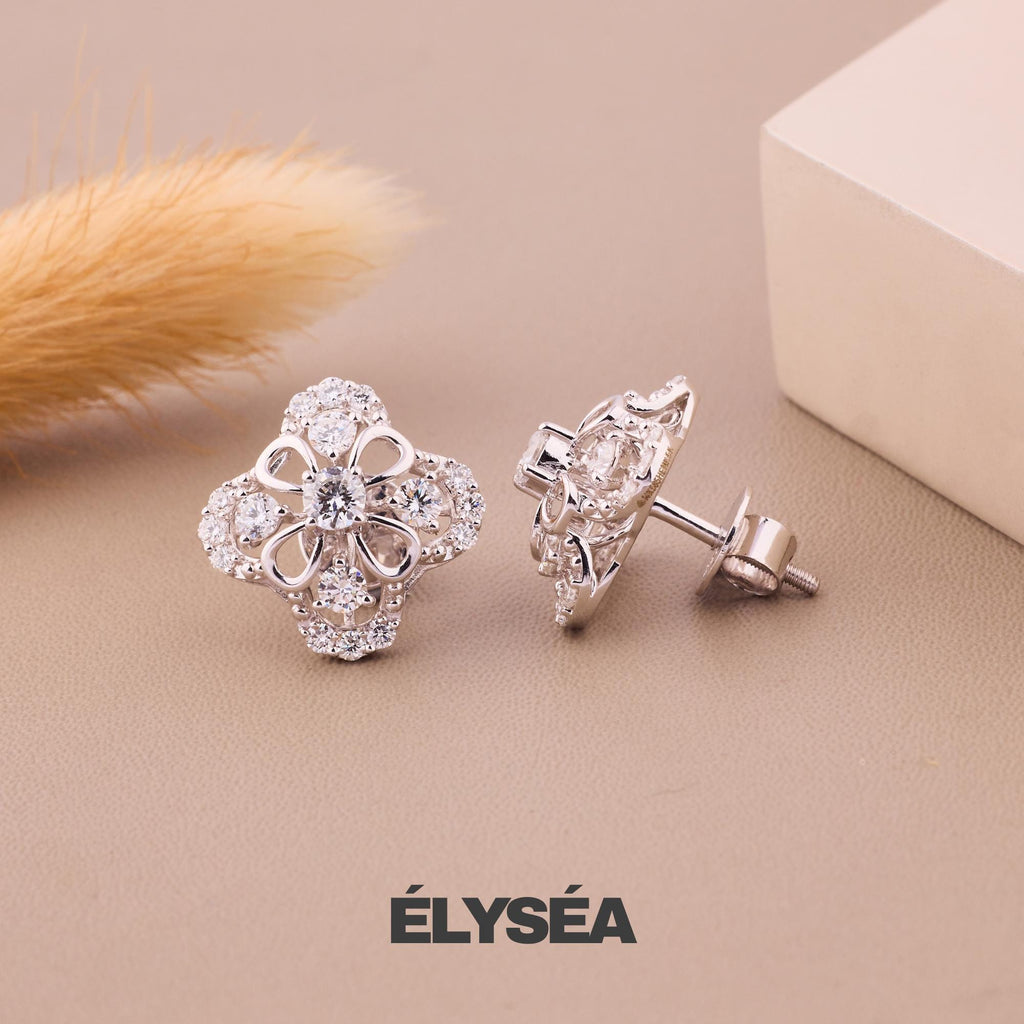 Diamond Stud Earrings, Diamond Clover Studs, 14K Gold Floral Studs, Minimalist Clover Stud Earrings, Flower Shaped Diamond Earrings