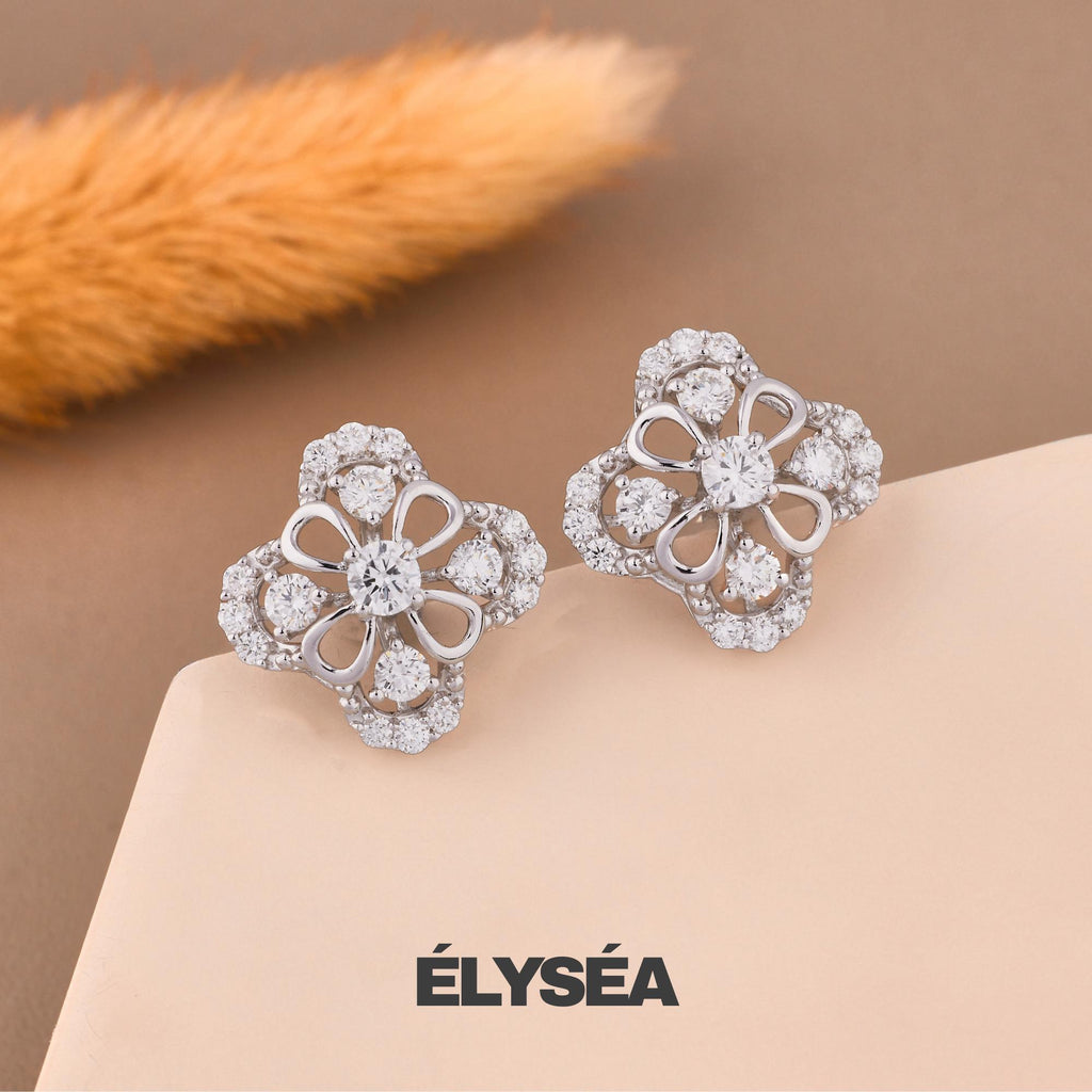 Diamond Stud Earrings, Diamond Clover Studs, 14K Gold Floral Studs, Minimalist Clover Stud Earrings, Flower Shaped Diamond Earrings