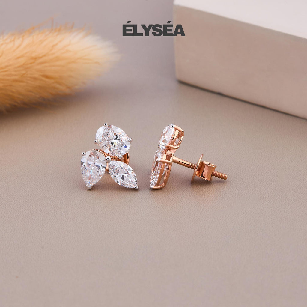 Diamond Earrings, 14k Solid Gold Marquise Floral Studs, Three-Shape Cut Diamond Earrings, Minimalist , Bridal Jewelry, Flower Earrings