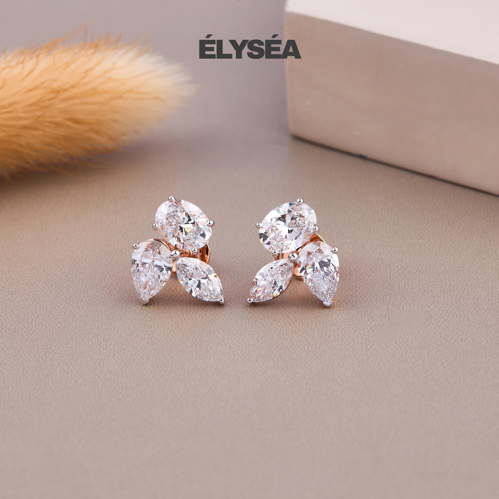 Diamond Earrings, 14k Solid Gold Marquise Floral Studs, Three-Shape Cut Diamond Earrings, Minimalist , Bridal Jewelry, Flower Earrings