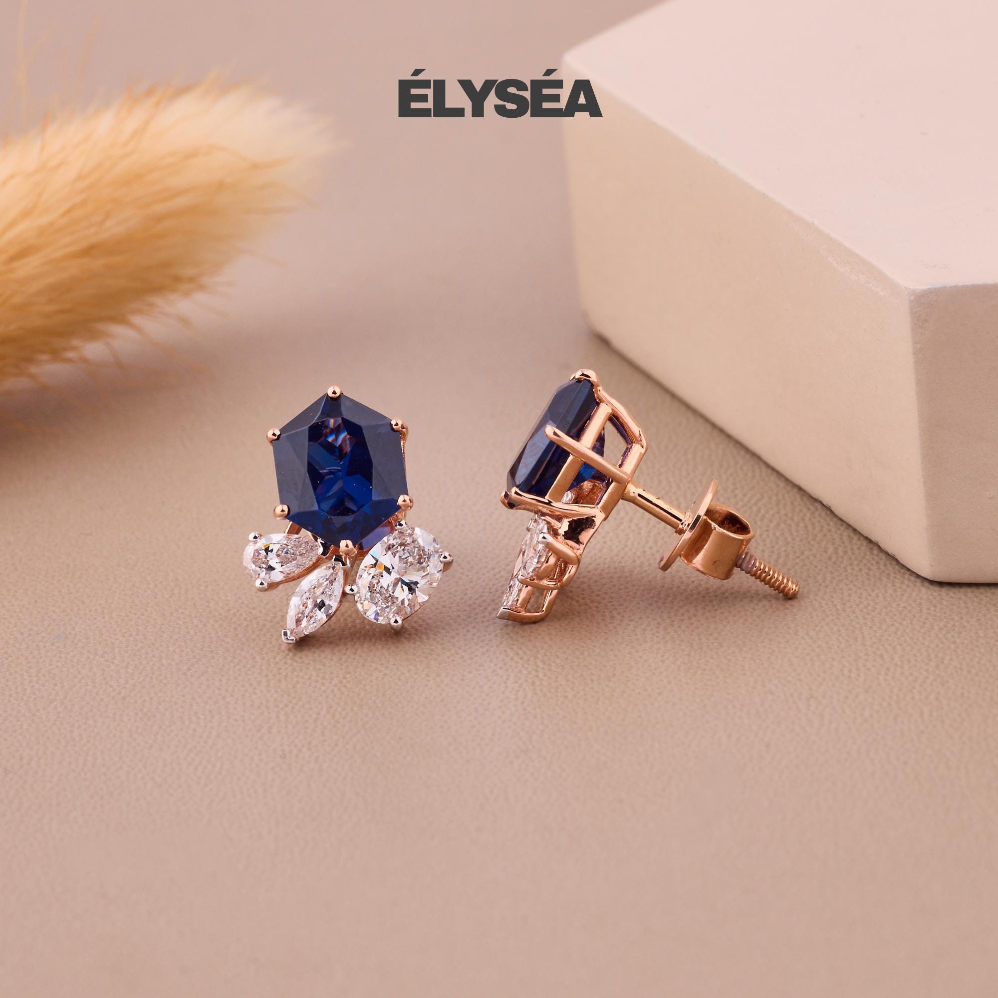 14K Gold Blue Sapphire Earrings, Sapphire Diamond Earrings, Lab Grown Diamond Sapphire Hexagon Stud Earrings, September Birthstone Earrings