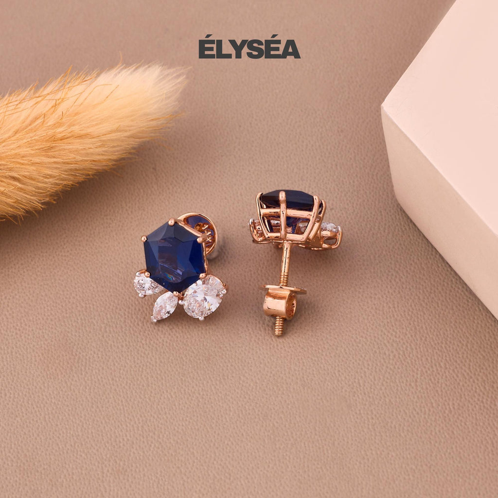 14K Gold Blue Sapphire Earrings, Sapphire Diamond Earrings, Lab Grown Diamond Sapphire Hexagon Stud Earrings, September Birthstone Earrings