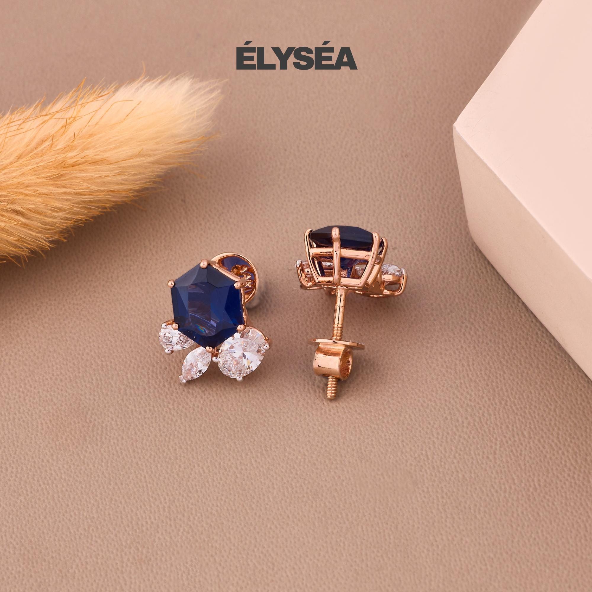 14K Gold Blue Sapphire Earrings, Sapphire Diamond Earrings, Lab Grown Diamond Sapphire Hexagon Stud Earrings, September Birthstone Earrings