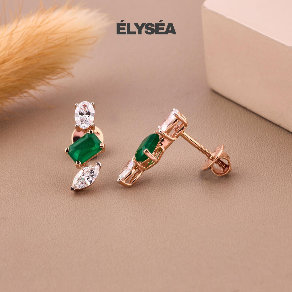 14K Gold Emerald Earrings, Emerald Diamond Earrings, Lab Grown Diamond Emerald Teardrop Stud Earrings, May Birthstone Earrings