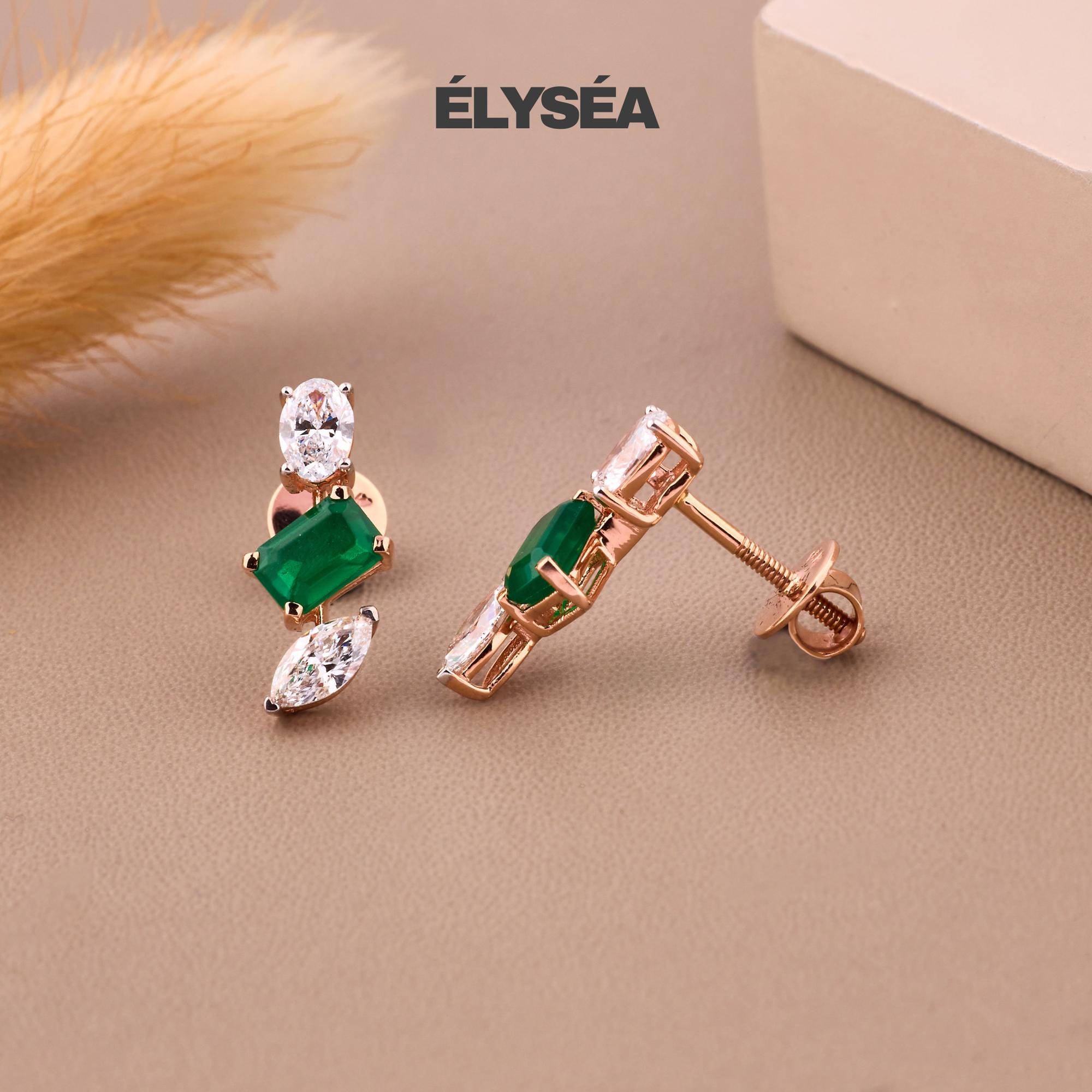 14K Gold Emerald Earrings, Emerald Diamond Earrings, Lab Grown Diamond Emerald Teardrop Stud Earrings, May Birthstone Earrings