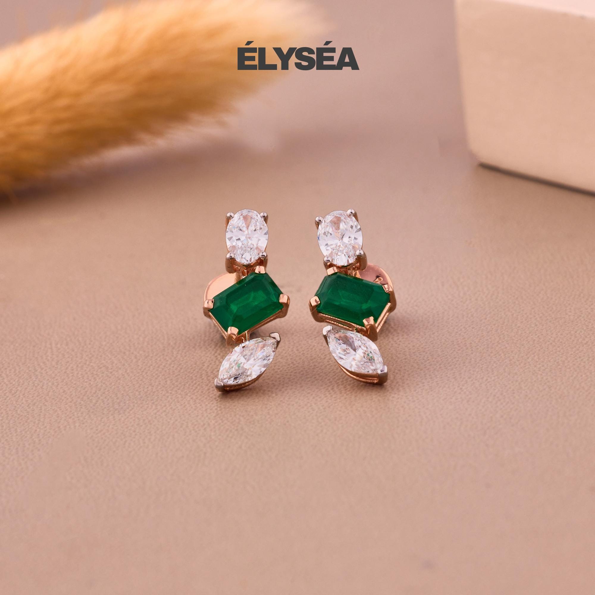 14K Gold Emerald Earrings, Emerald Diamond Earrings, Lab Grown Diamond Emerald Teardrop Stud Earrings, May Birthstone Earrings