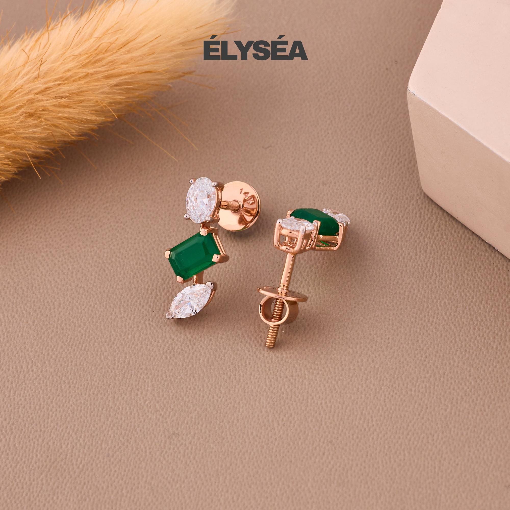 14K Gold Emerald Earrings, Emerald Diamond Earrings, Lab Grown Diamond Emerald Teardrop Stud Earrings, May Birthstone Earrings