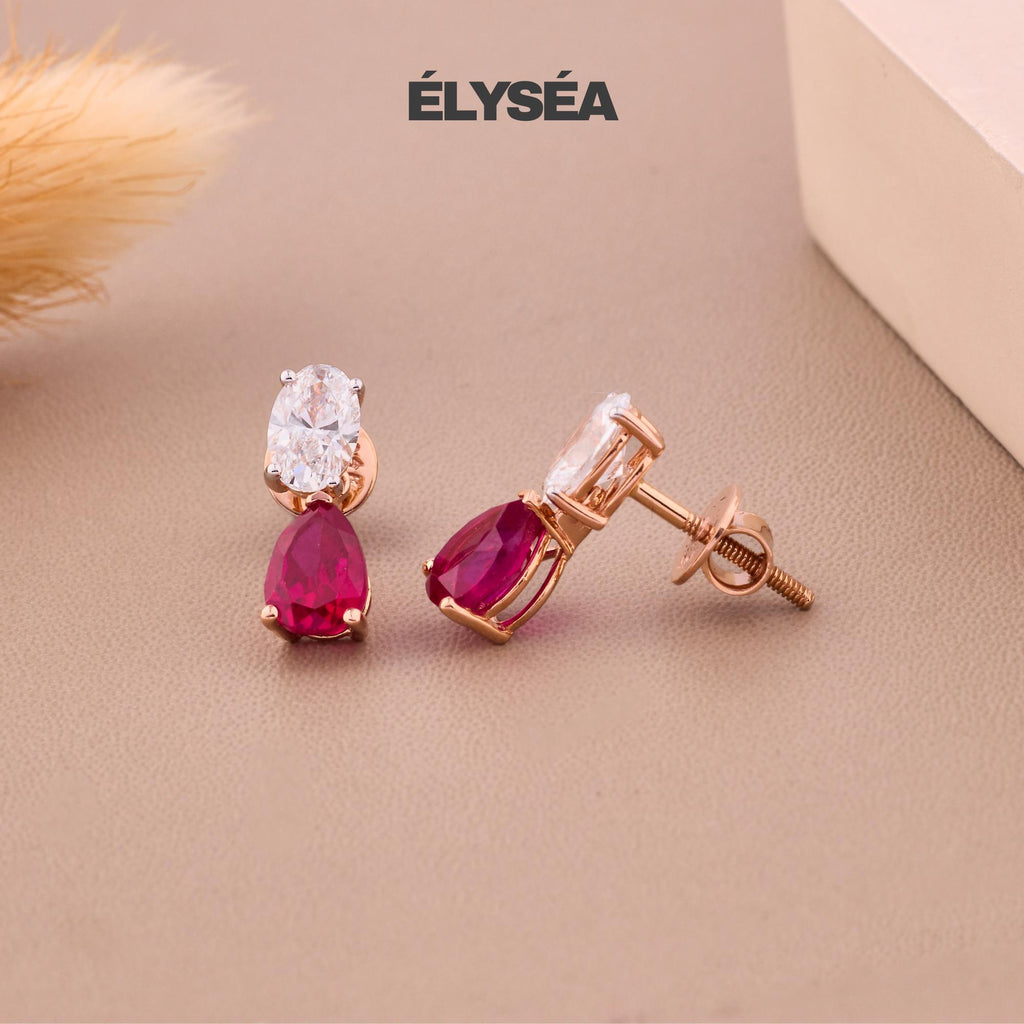 Diamond Ruby Teardrop Stud Earrings for Women | 14k Solid Gold Earring | 1.22 ctw Diamond | 2.37 ctw Gemstone | Gift for Her | Birthday Gift