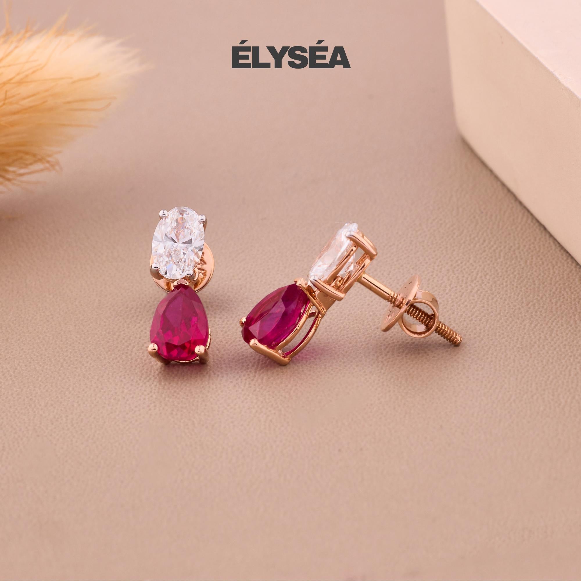 Diamond Ruby Teardrop Stud Earrings for Women | 14k Solid Gold Earring | 1.22 ctw Diamond | 2.37 ctw Gemstone | Gift for Her | Birthday Gift