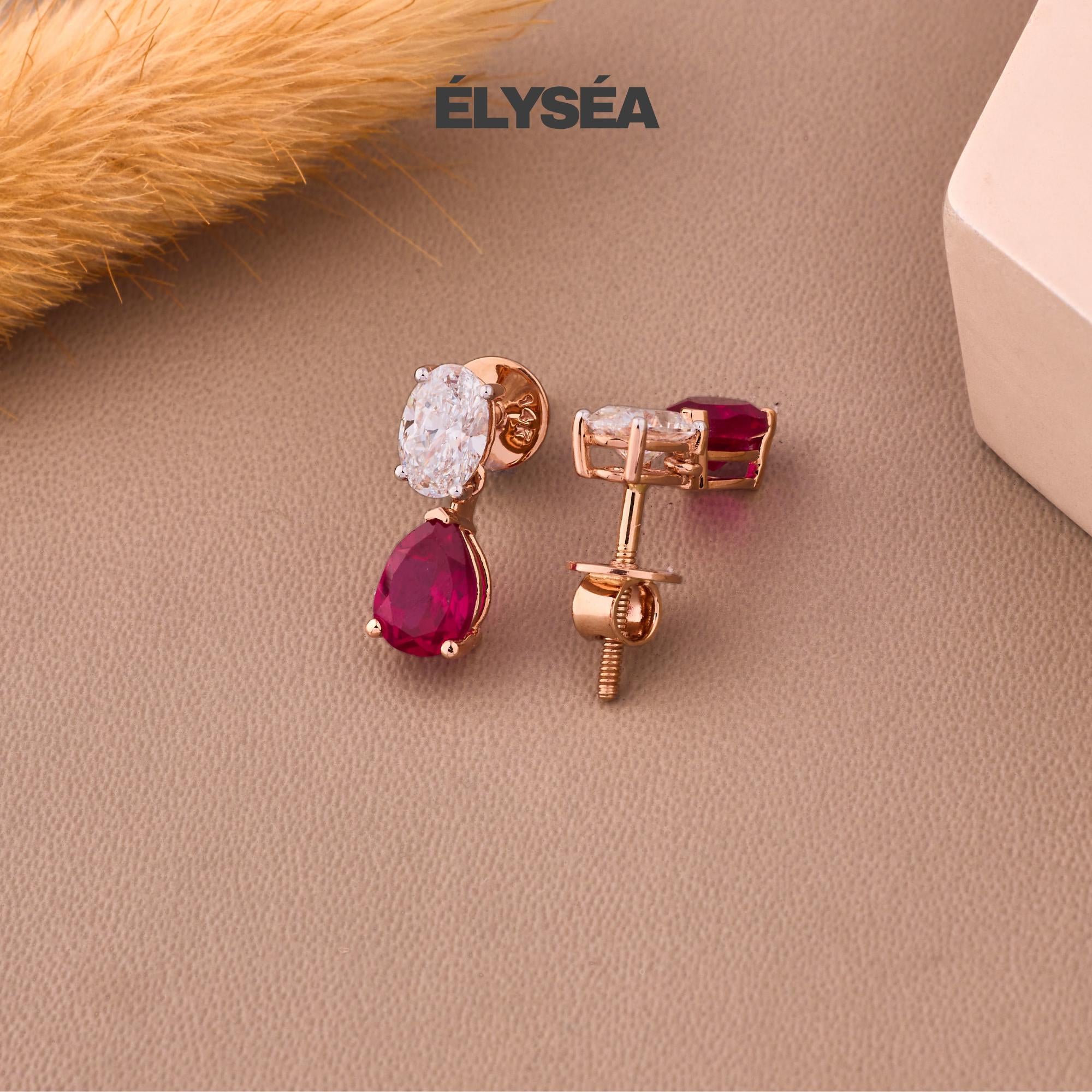 Diamond Ruby Teardrop Stud Earrings for Women | 14k Solid Gold Earring | 1.22 ctw Diamond | 2.37 ctw Gemstone | Gift for Her | Birthday Gift