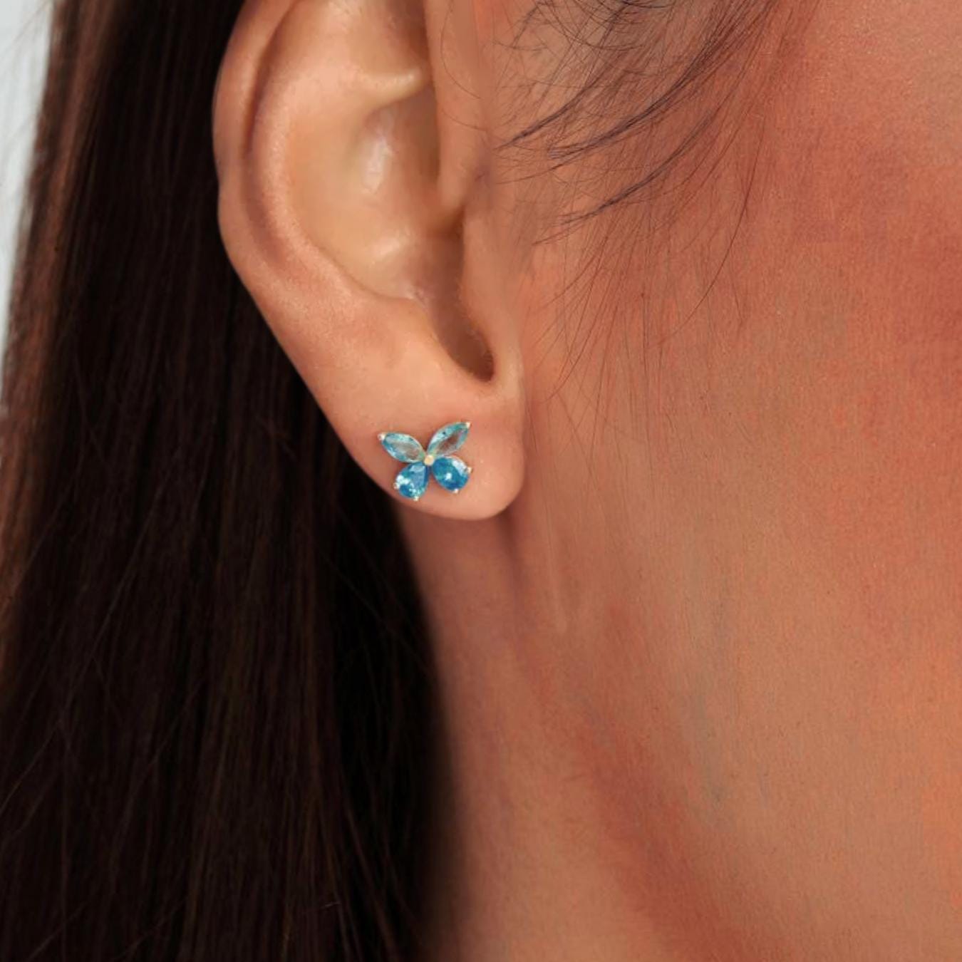 London Blue Topaz Butterfly Earrings, 14K Gold 1.75 ctw Marquise & Pear Shape Dainty Birthstone Earrings