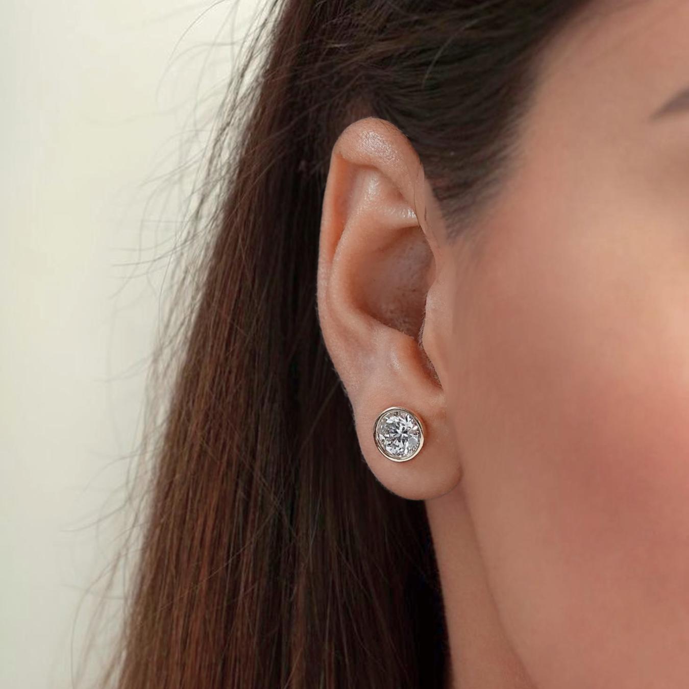 Round Cut Lab Diamond Stud Earrings / 14K Yellow Gold Bezel Set Women's Earrings
