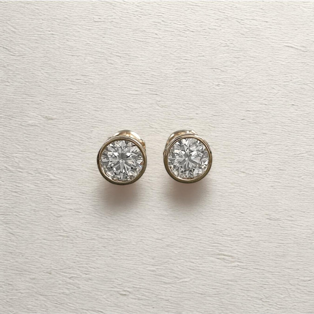 Round Cut Lab Diamond Stud Earrings / 14K Yellow Gold Bezel Set Women's Earrings