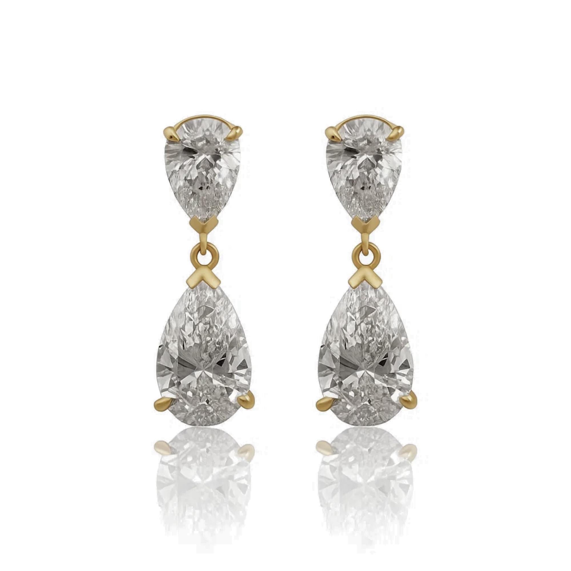 Mini Dainty Pear Diamond Drop Dangle Earrings Exquisite Art Deco Style 14K GOLD