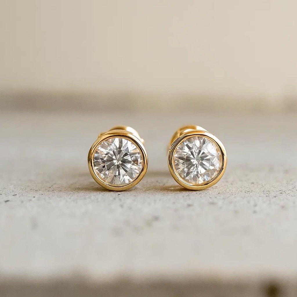 Round Cut Lab Diamond Stud Earrings / 14K Yellow Gold Bezel Set Women's Earrings