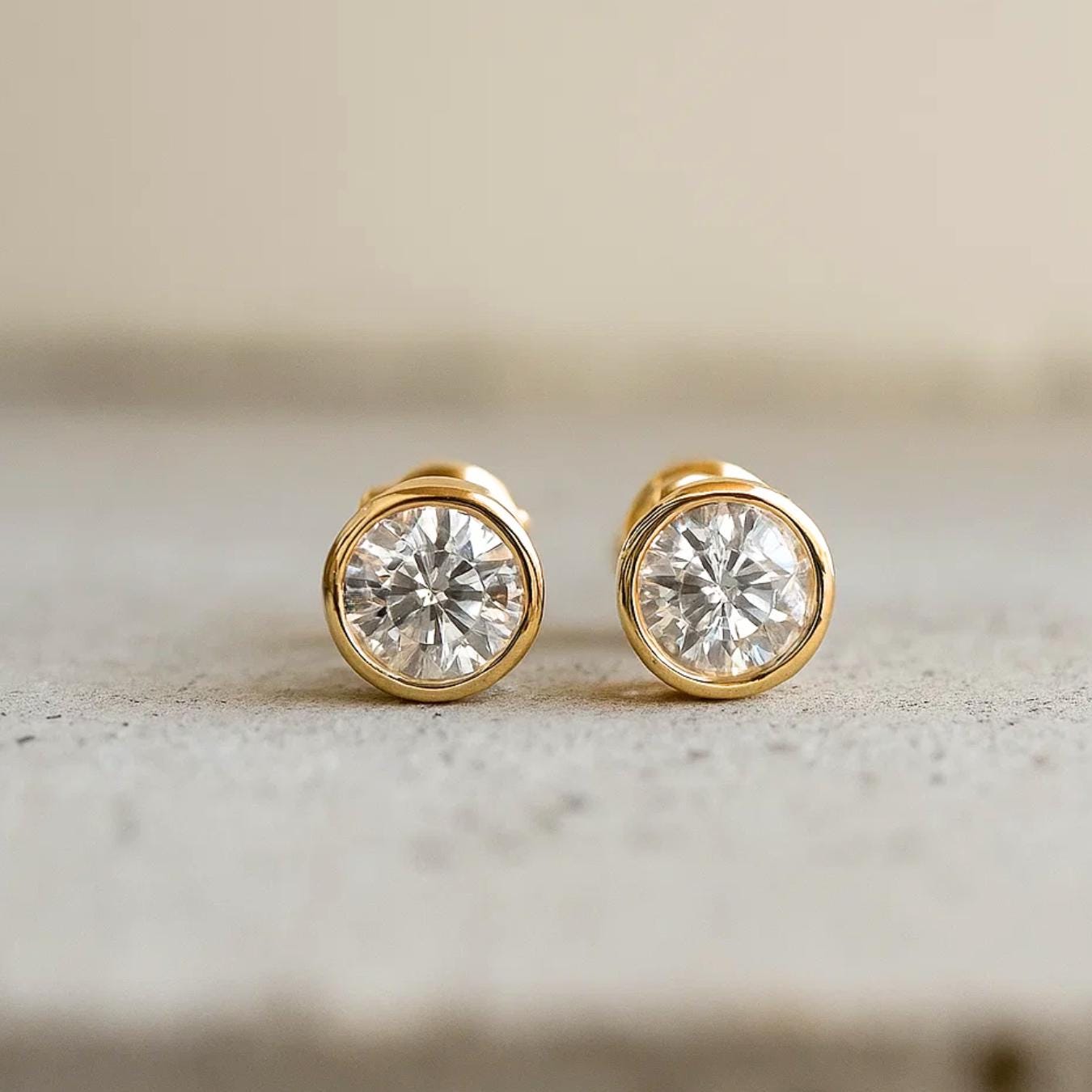 Round Cut Lab Diamond Stud Earrings / 14K Yellow Gold Bezel Set Women's Earrings