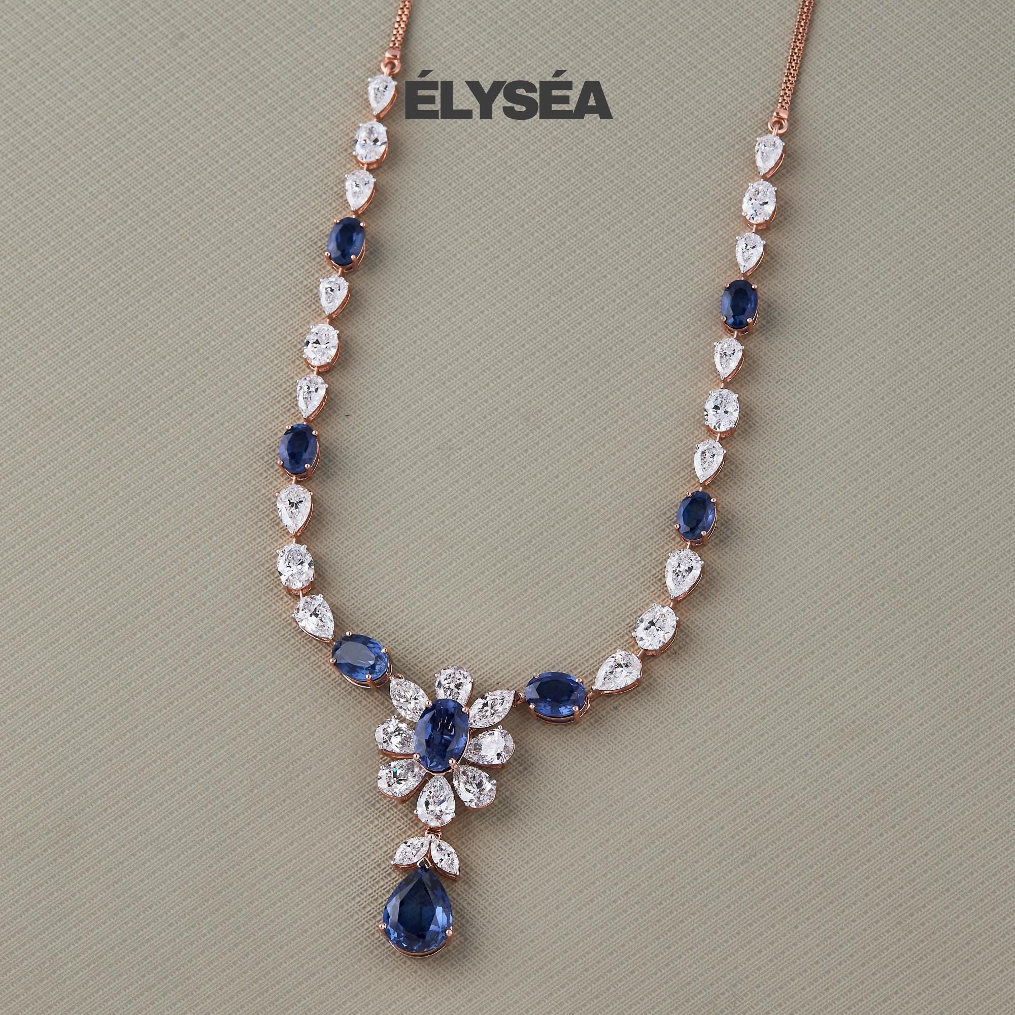 Sapphire Floral Tennis Necklace, September Birthstone, Pear Oval And Marquise Mixed Shape Lab Grown Diamond Necklace, 14K Gold Gift for Her