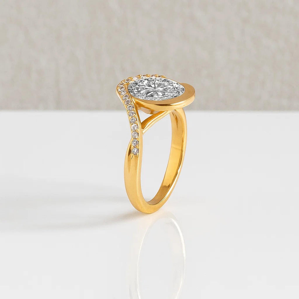 2 Carat Oval Lab Grown Diamond Curved Oval Wave Halo Engagement Ring | 14K Gold Nesting Diamond Proposal Ring