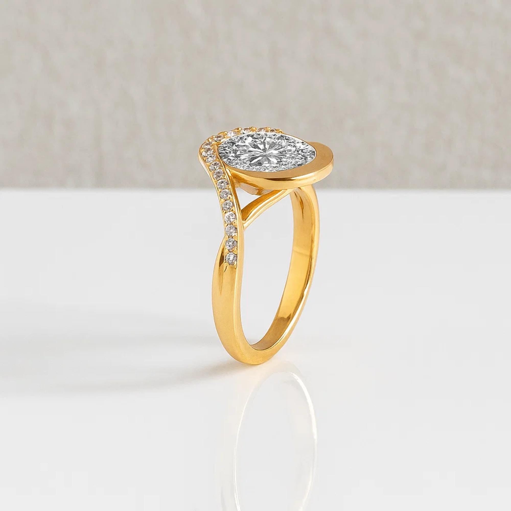 2 Carat Oval Lab Grown Diamond Curved Oval Wave Halo Engagement Ring | 14K Gold Nesting Diamond Proposal Ring