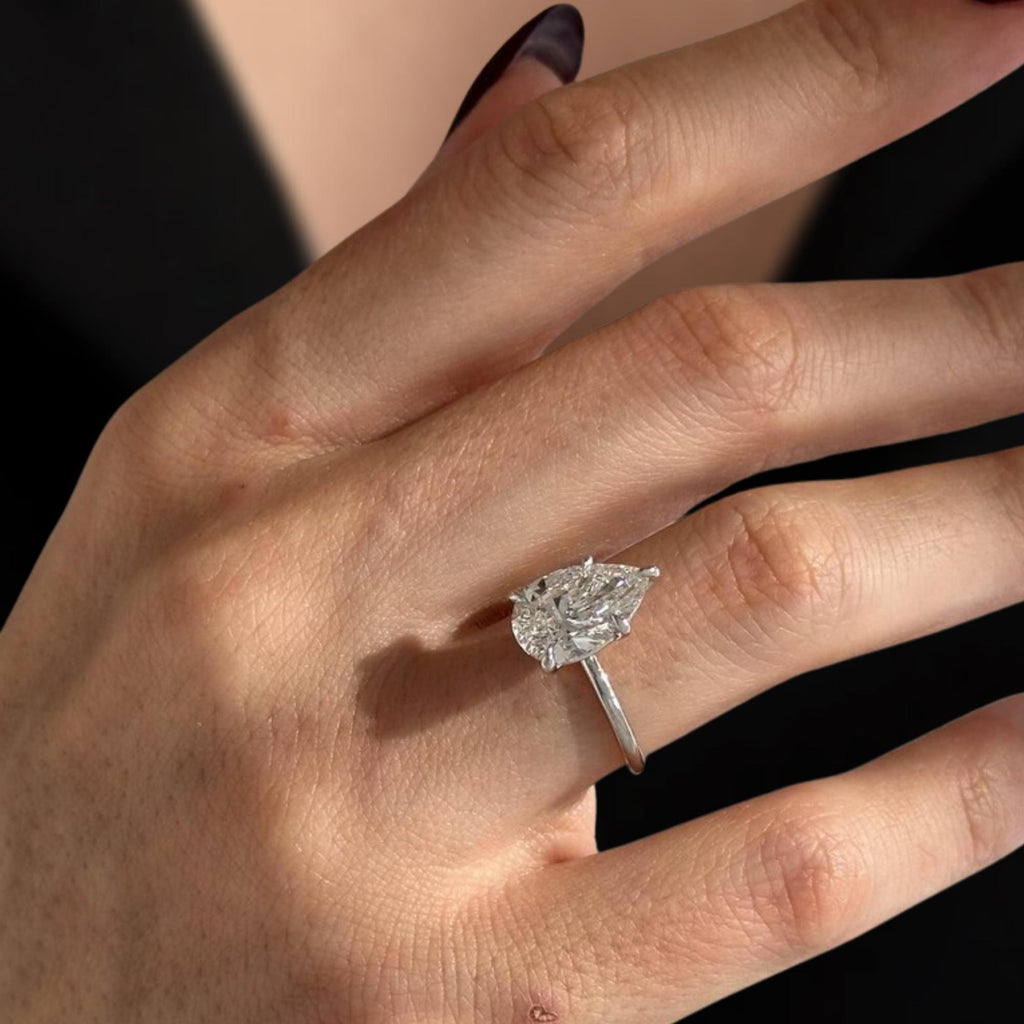 3 Carat Pear Cut Lab Grown Diamond Engagement Ring / 5 Prong Tear Shape Diamond Solitaire Ring in 14K Gold
