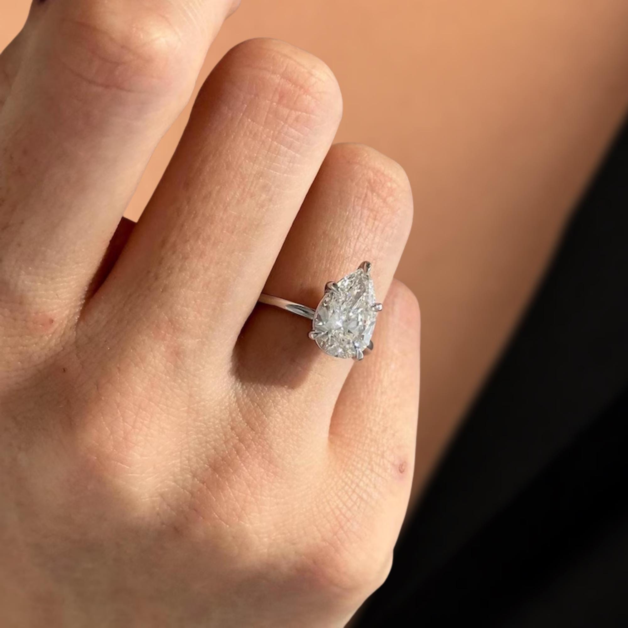 3 Carat Pear Cut Lab Grown Diamond Engagement Ring / 5 Prong Tear Shape Diamond Solitaire Ring in 14K Gold