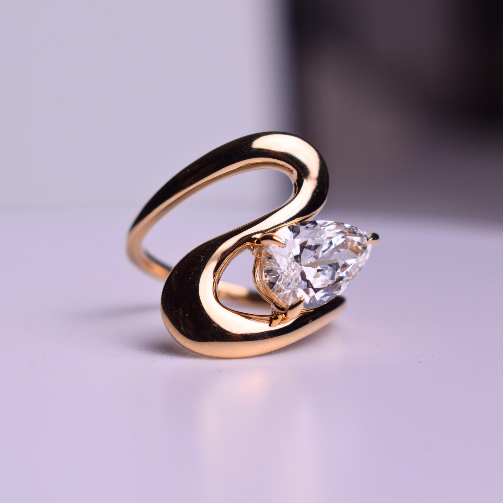 Eco Friendly Lab Grown Diamond Solitaire Wedding Ring, 14K Gold Curved Proposal Ring For Women