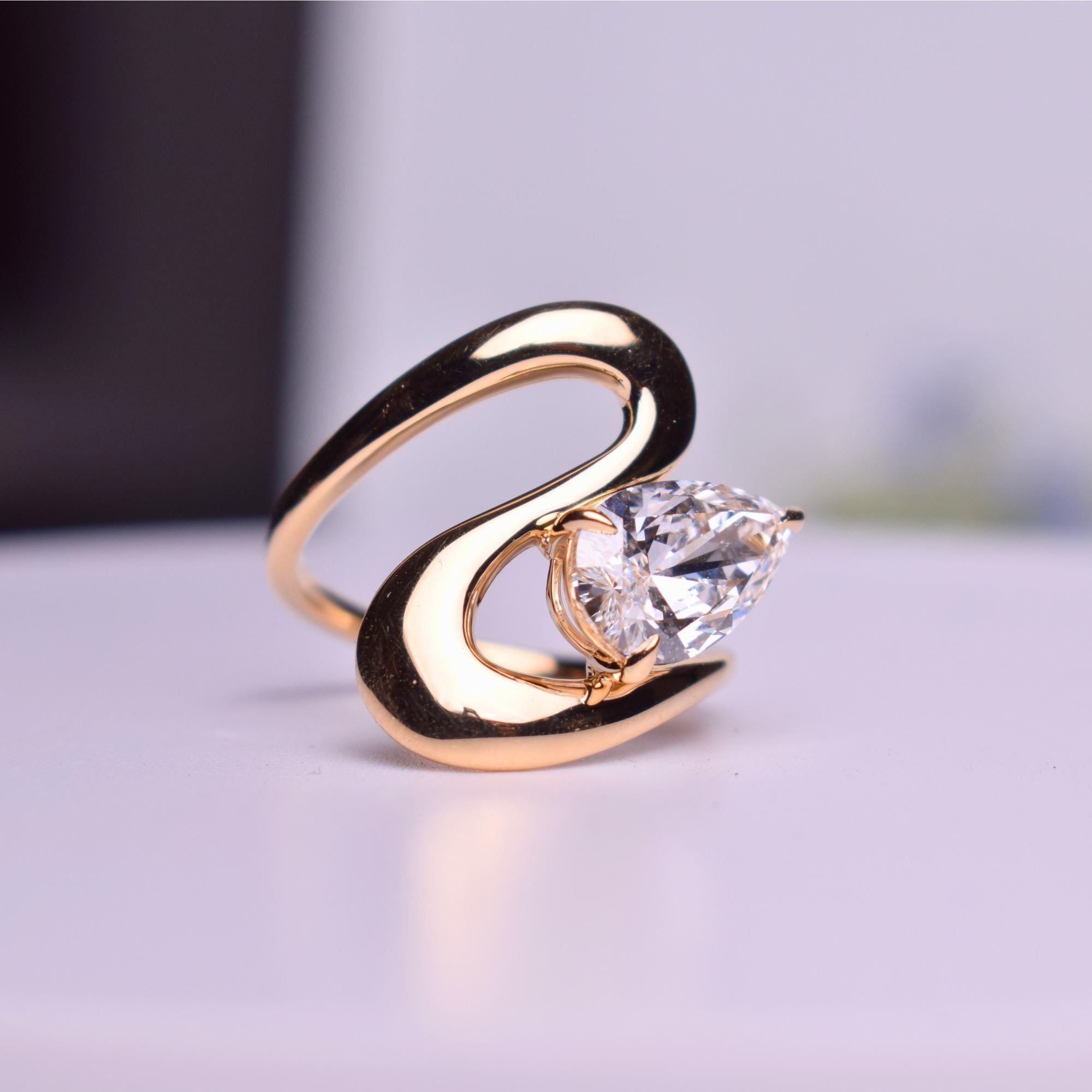 Eco Friendly Lab Grown Diamond Solitaire Wedding Ring, 14K Gold Curved Proposal Ring For Women