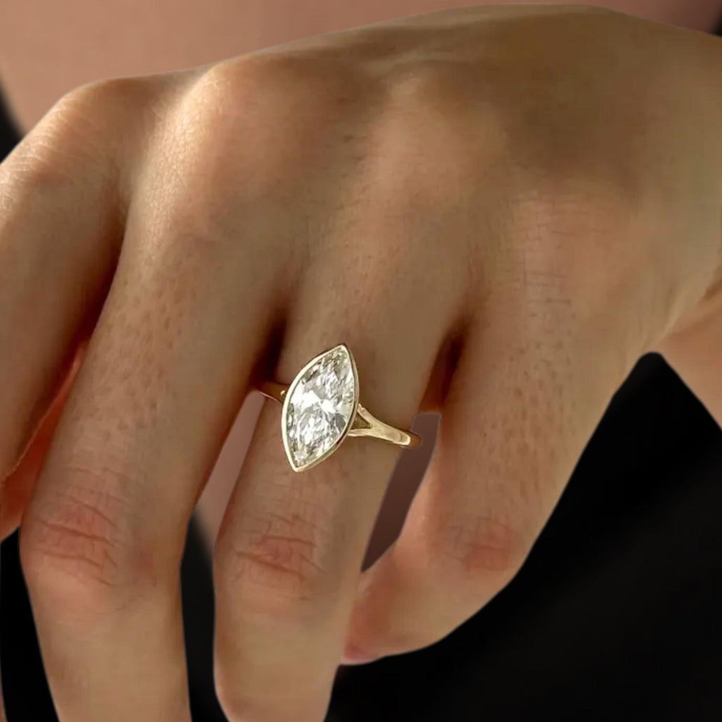 2 Carat Marquise Lab Created Diamond Bezel Set Ring / 14K Gold Split Shank Engagement Ring