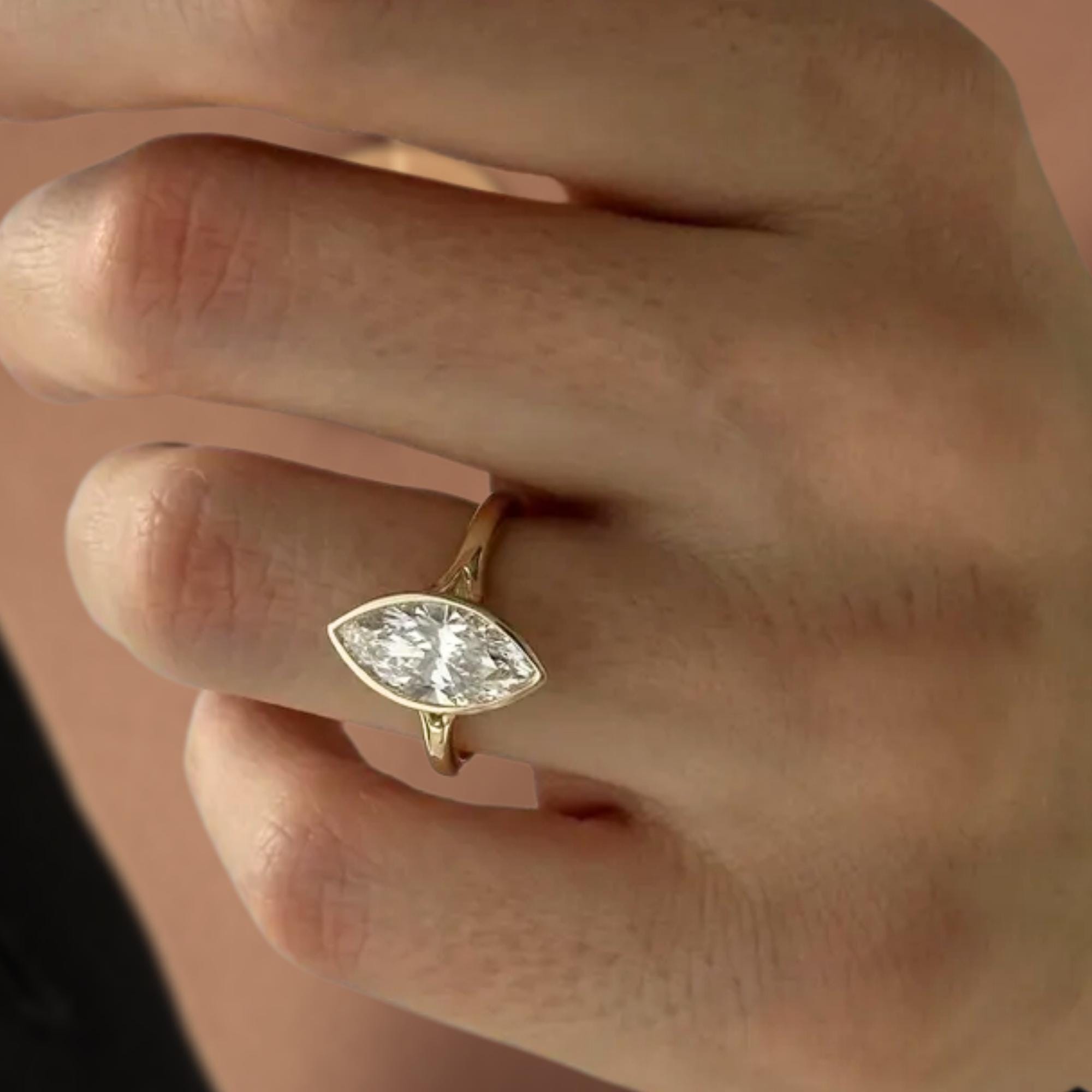 2 Carat Marquise Lab Created Diamond Bezel Set Ring / 14K Gold Split Shank Engagement Ring